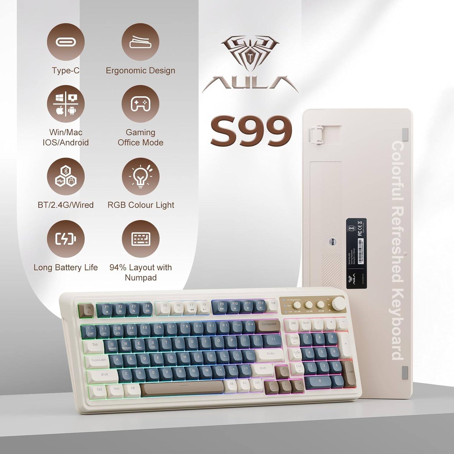 The text from the image can be grouped and corrected as follows:

**Features:**
- Type-C
- Ergonomic Design
- IOS/Android/Win/Mac
- Gaming Mode
- S99
- BT/2.4G/Wired
- RGB Colour Light
- Long Battery Life
- 94% Layout with Numpad

**Description:**
- Colorful Refreshed Keyboard

**Additional Information:**
- The keyboard has a modern design with a mix of blue and white keys, and RGB lighting.