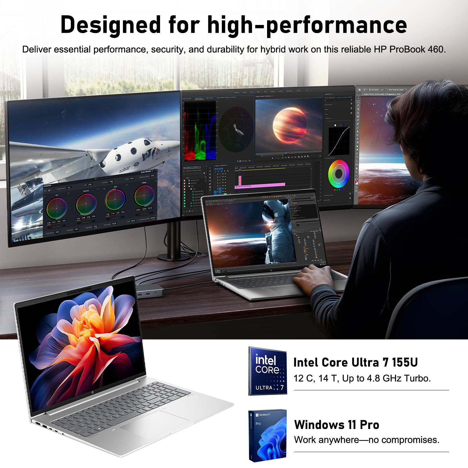 Designed for high-performance  
Deliver essential performance, security, and durability for hybrid work on this reliable HP ProBook 460.

Intel Core Ultra 7 155U  
12 C, 14 T, Up to 4.8 GHz Turbo.

Windows 11 Pro  
Work anywhere—no compromises.