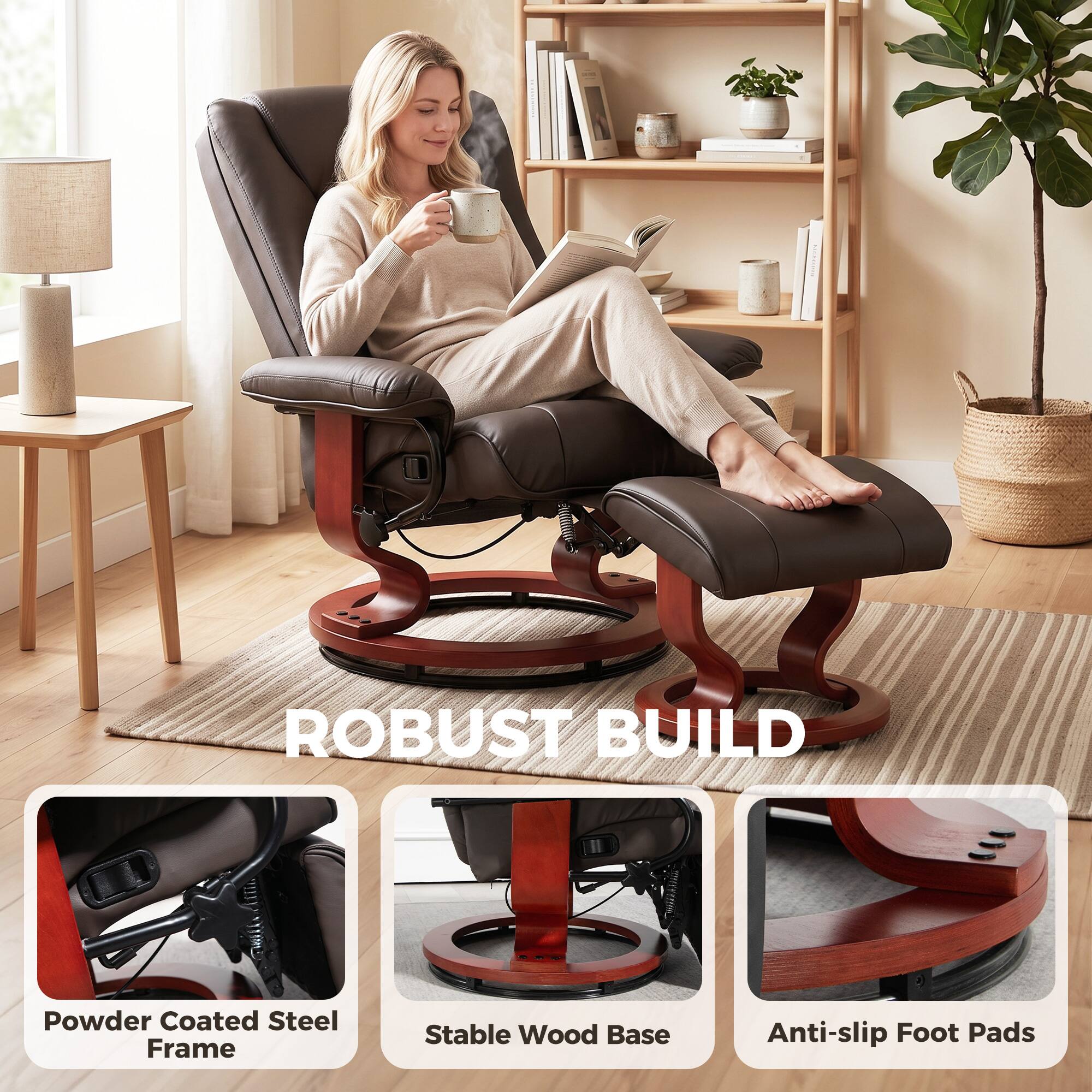 ROBUST BUILD

- Powder Coated Steel Frame
- Stable Wood Base
- Anti-slip Foot Pads