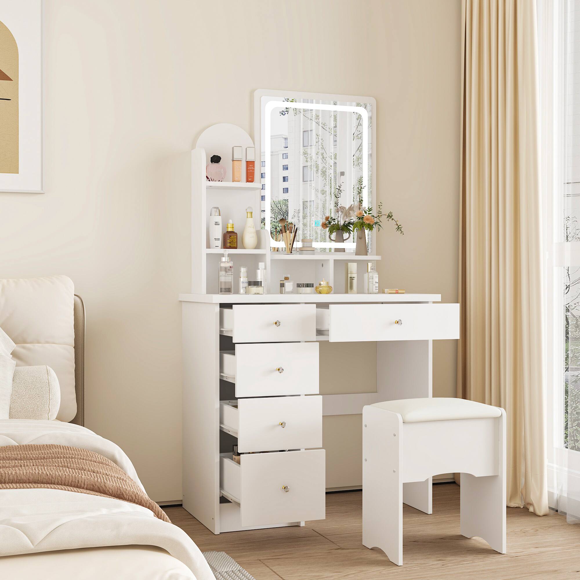 Angle. Famapy - Vanity Table with LED Mirror, Storage Drawers & Stool – Makeup Vanity Organizer for Bedroom, Space-Saving Design - White.