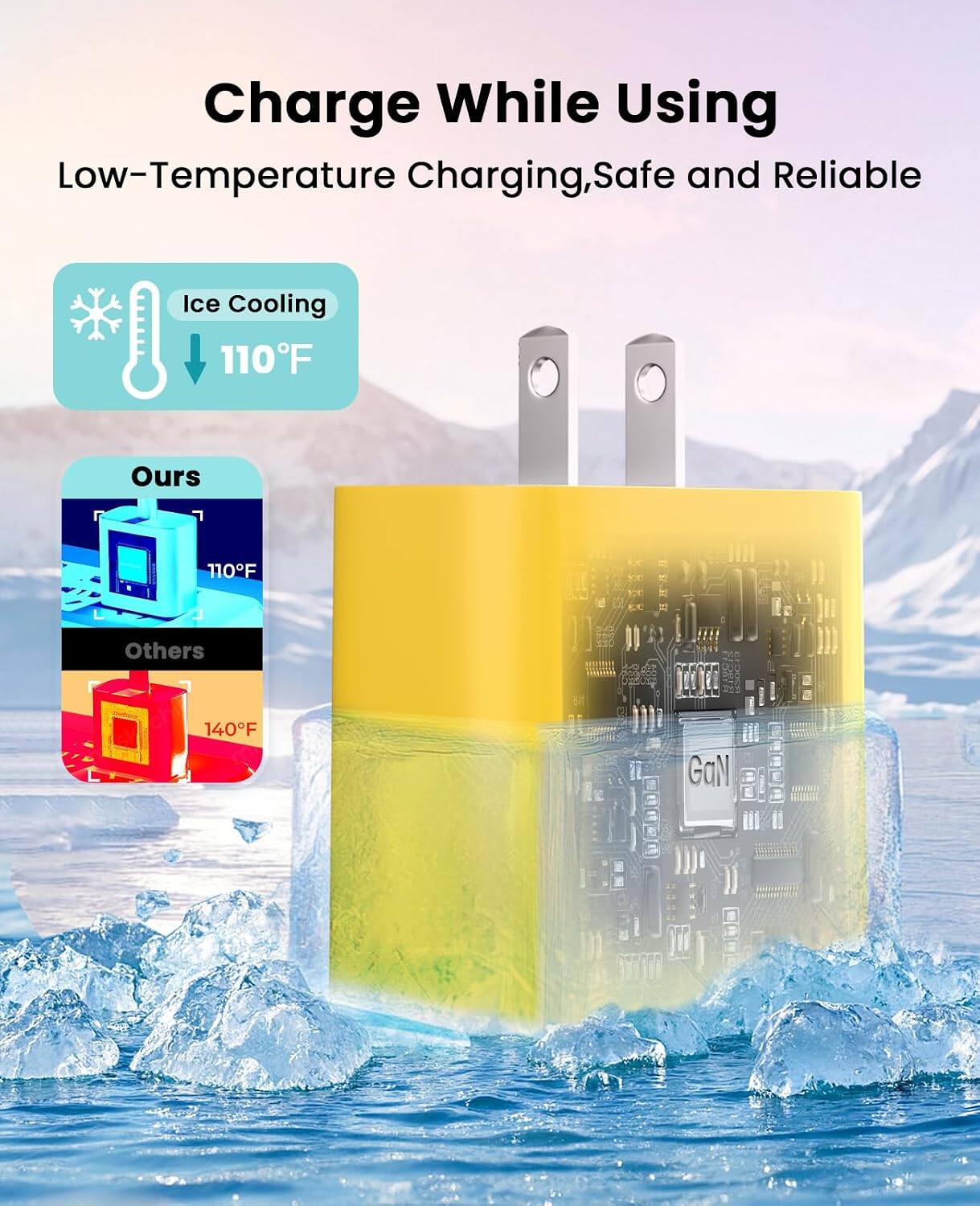 Charge While Using  
Low-Temperature Charging, Safe and Reliable  

Ice Cooling 110°F  

Ours  
110°F  

Others  
140°F  

COCOCE GaN