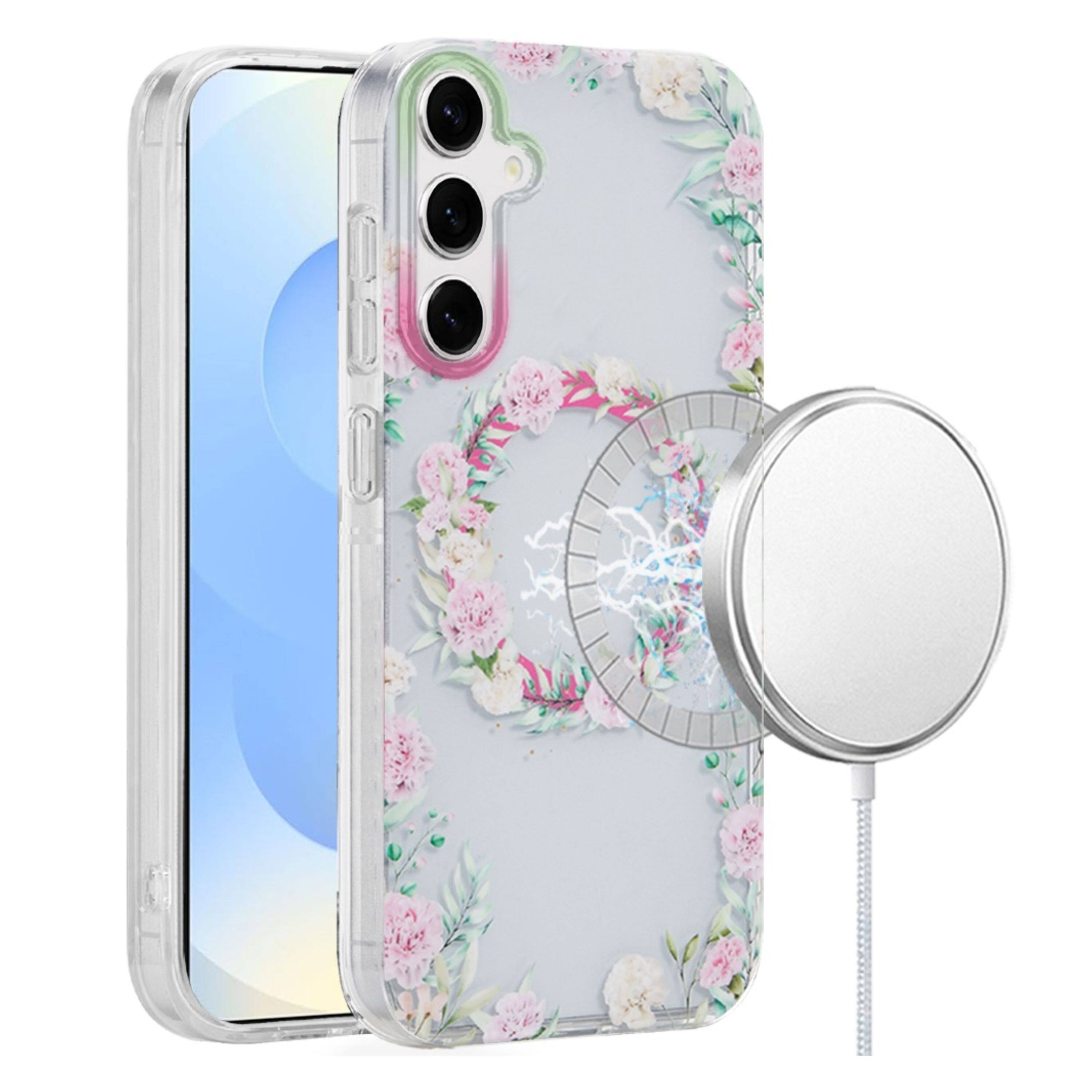Angle. Kitcheniva - Dual Layer TPU Design Case With Magnetic Circle Tempered Glass For Samsung Galaxy S25+/S24+ Green/Pink Floral - Multicolor.