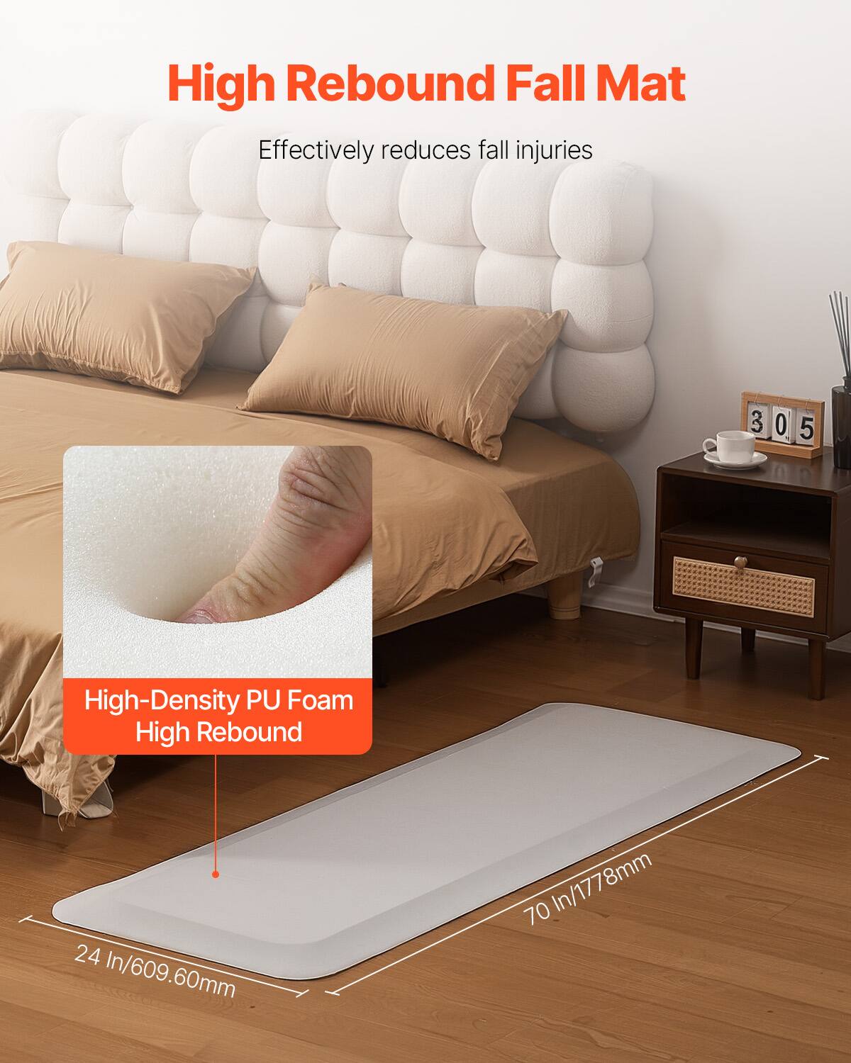 High Rebound Fall Mat  
Effectively reduces fall injuries  

High-Density PU Foam  
High Rebound  

24 In/609.60mm  
70 In/1778mm