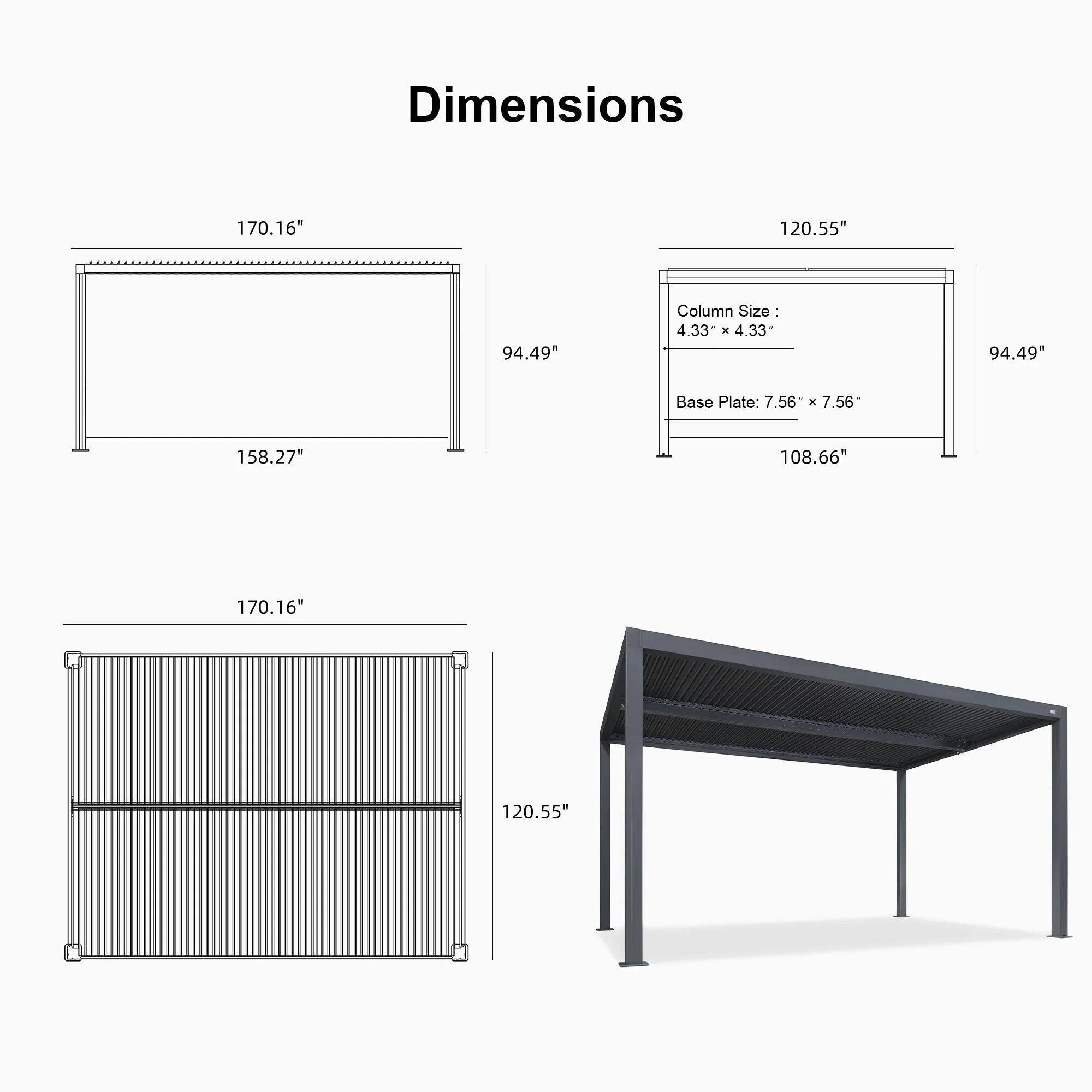 Dimensions:  
- 170.16" x 120.55" x 94.49"  
- Column Size: 4.33" x 4.33"  
- Base Plate: 7.56" x 7.56"  
- 158.27" x 108.66" x 170.16" x 120.55"