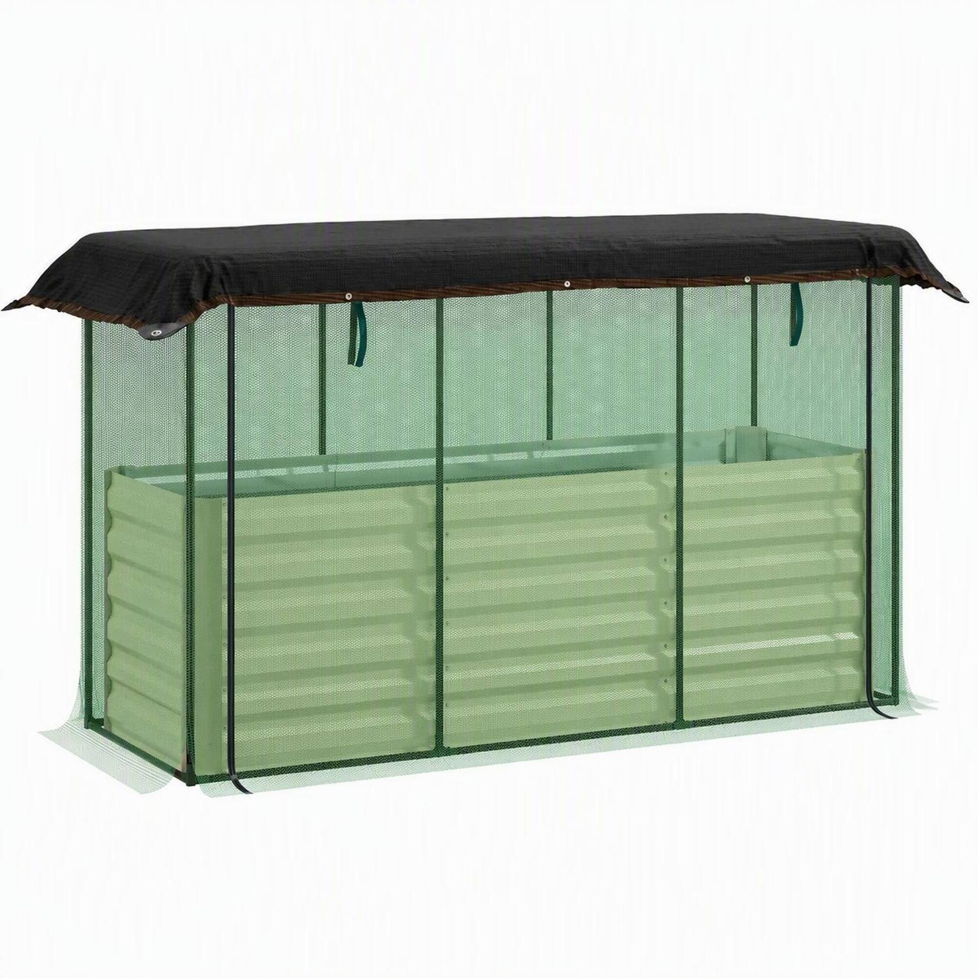 Front. RYHNUYNE - Raised Garden Bed with Crop Cage and Shade Cloth, Galvanized Steel Planter Box with Open Bottom for Vegetables - Beige.