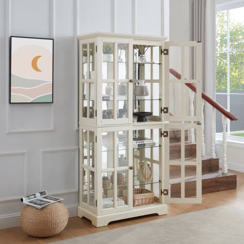 Back. LUCKY ONE - Freestanding Curio Display Cabinet with Glass Doors Adjustable Shelves E26 Bulb Included for Collectibles - White.