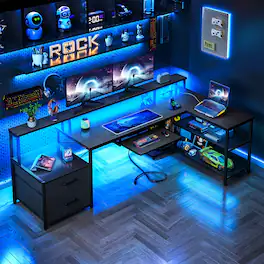 AODK - L-Shaped Reversible Computer Desk with LED Lights, File Drawer, Power Outlets, Storage Shelves & Keyboard Tray - Black