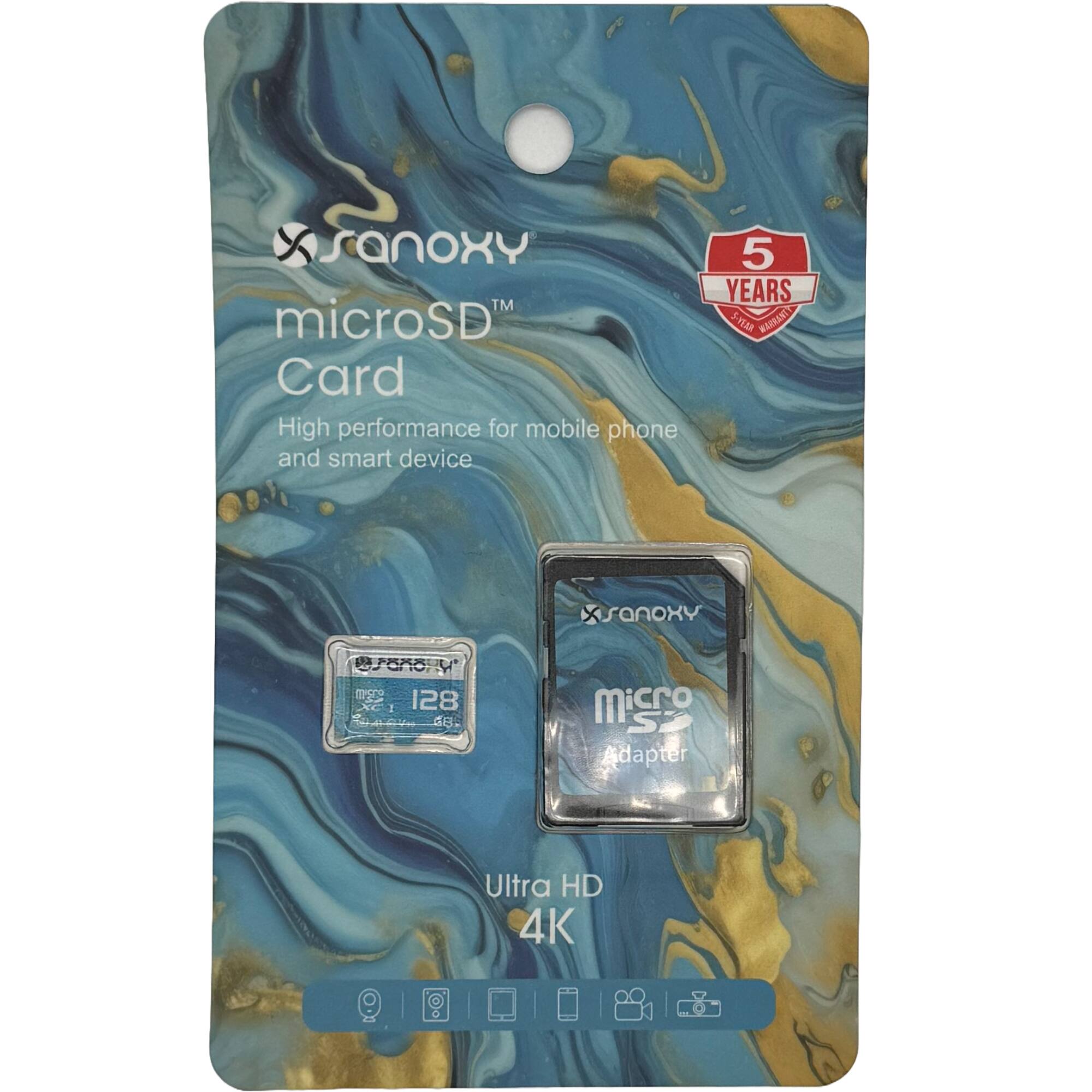 SanoxY™ microSD Card  
High performance for mobile phone and smart device  

5 YEARS WARRANTY  

Ultra HD 4K  

128 GB  

Adapter