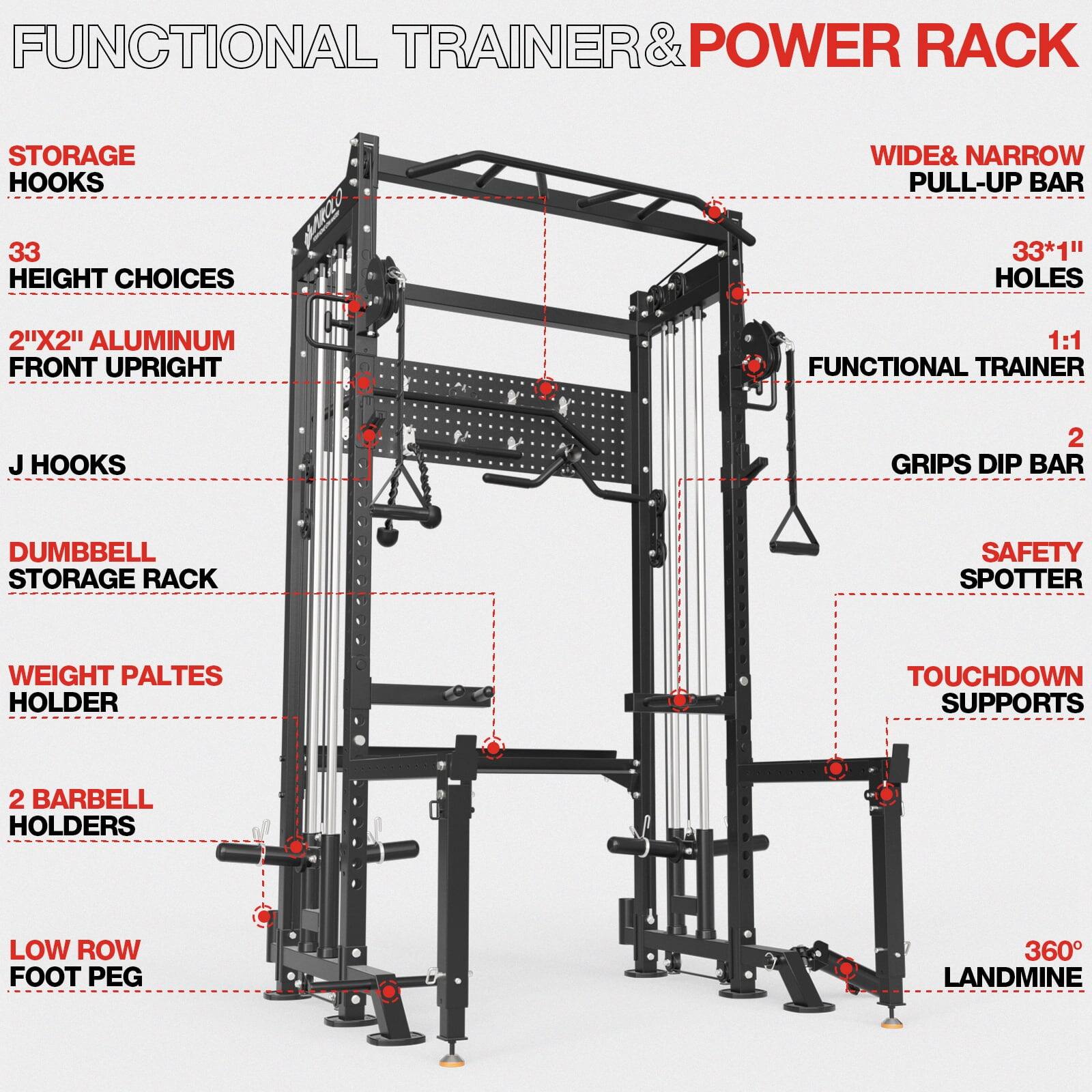 FUNCTIONAL TRAINER & POWER RACK
STORAGE HOOKS
33 HEIGHT CHOICES
WIDE & NARROW PULL-UP BAR
33*1" HOLES
2"X2" ALUMINUM FRONT UPRIGHT
1:1 FUNCTIONAL TRAINER
J HOOKS
2 GRIPS DIP BAR
DUMBBELL STORAGE RACK
SAFETY SPOTTER
WEIGHT PALTES HOLDER
TOUCHDOWN SUPPORTS
2 BARBELL HOLDERS
LOW ROW FOOT PEG
360 LANDMINE