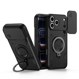 Dteck - For Apple iPhone 17 Pro Max Shockproof Ring Kickstand Drop Protection Rugged Case Sliding Camera Lens Cover - Black