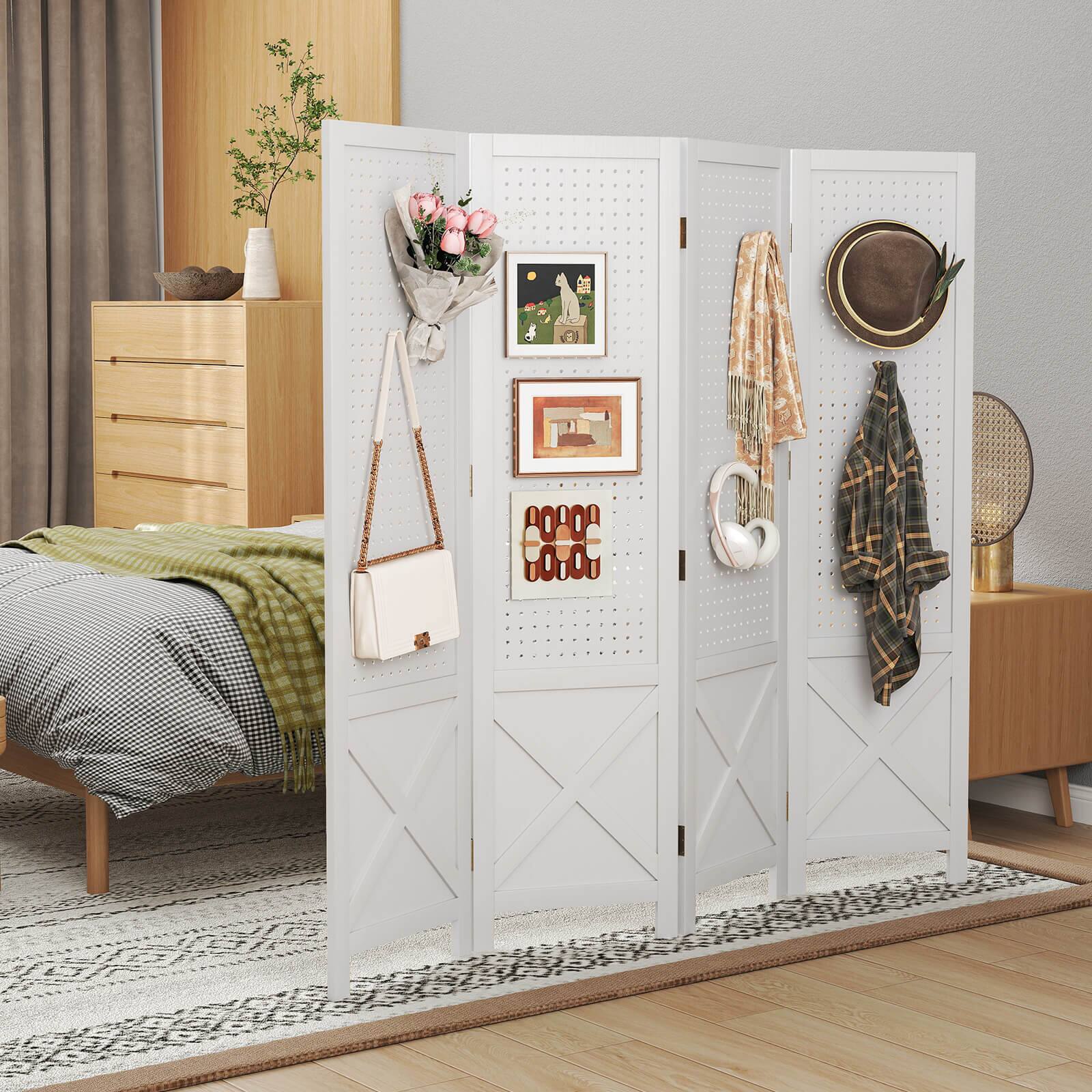 Alt View 1. Costway - Costway 4-Panel Pegboard Display Stand, 4.7 FT Folding Room Divider, Freestanding Screen - White.
