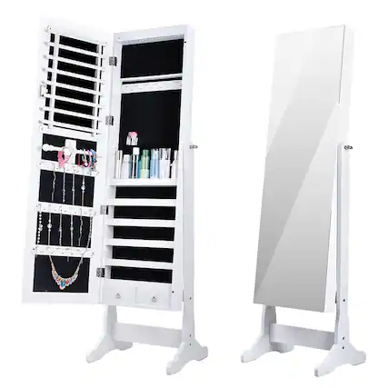 Front. Oumilen - Lockable Jewelry Armoire with LED Lights, Adjustable Full-Length Mirror & Storage - White.