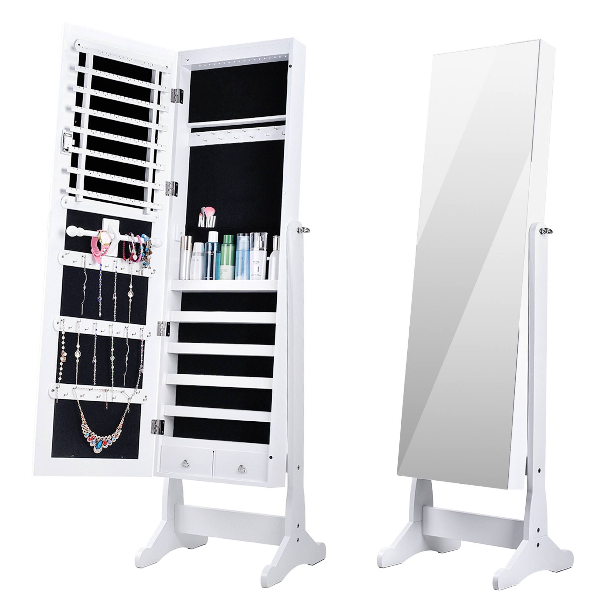 Front. Oumilen - Lockable Jewelry Armoire with LED Lights, Adjustable Full-Length Mirror & Storage - White.