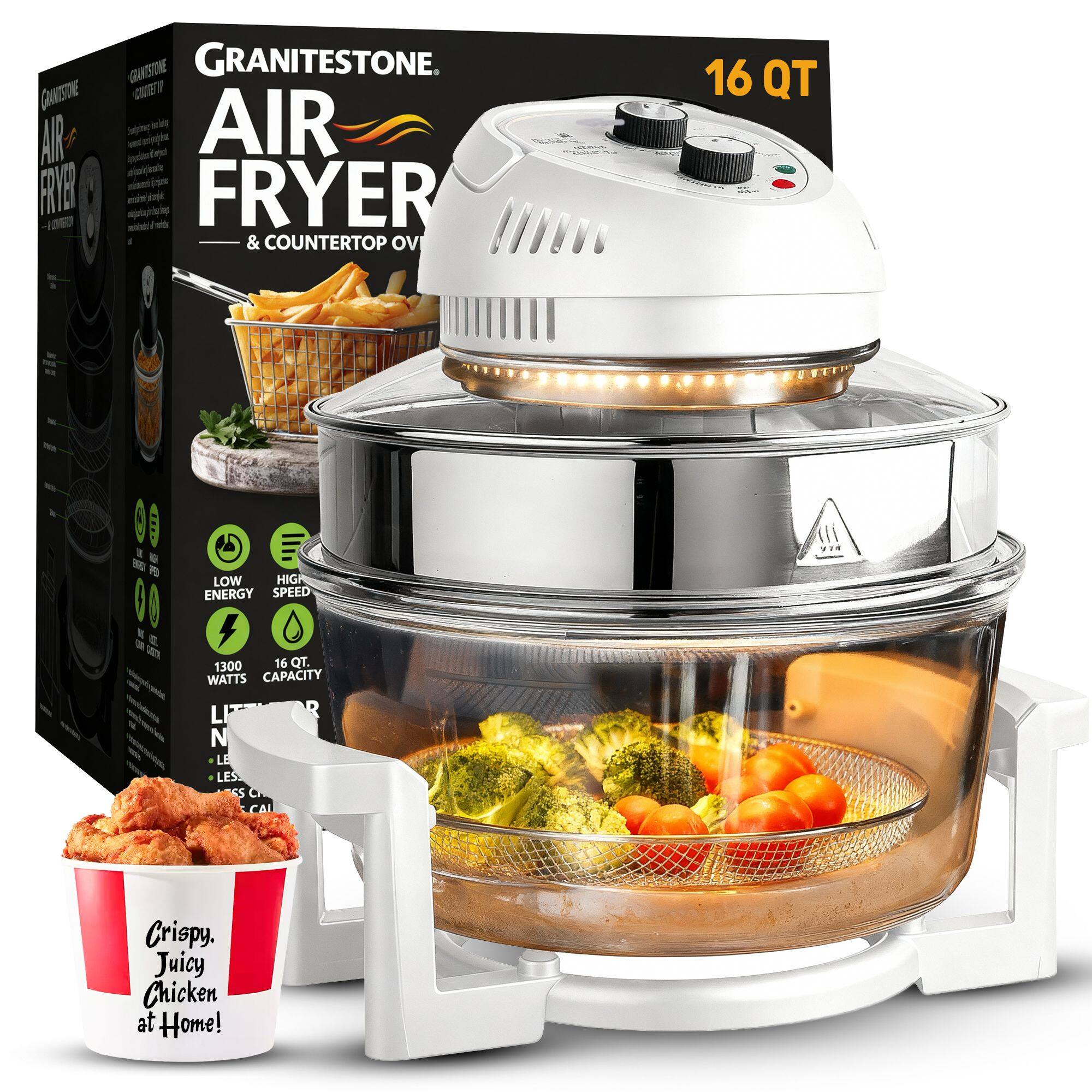GRANITESTONE AIR FRYER & COUNTERTOP OVEN 16 QT.  
LOW ENERGY SPEED 1300 WATTS CAPACITY 16 QT.  
Crispy, Juicy Chicken at Home!