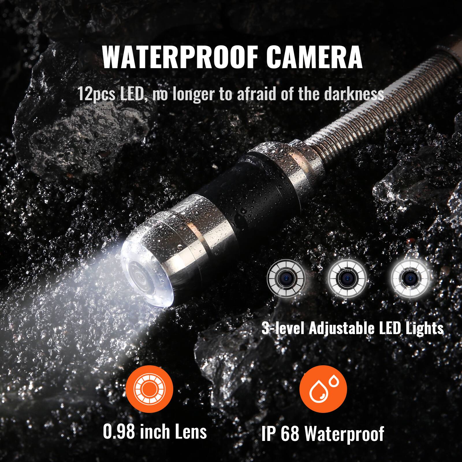 WATERPROOF CAMERA

12pcs LED, no longer to afraid of the darkness

3-level Adjustable LED Lights

0.98 inch Lens

IP 68 Waterproof