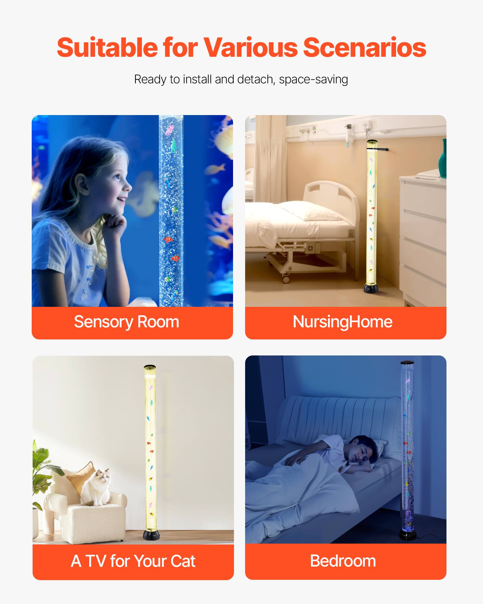 Suitable for Various Scenarios

Ready to install and detach, space-saving

Sensory Room

Nursing Home

A TV for Your Cat

Bedroom