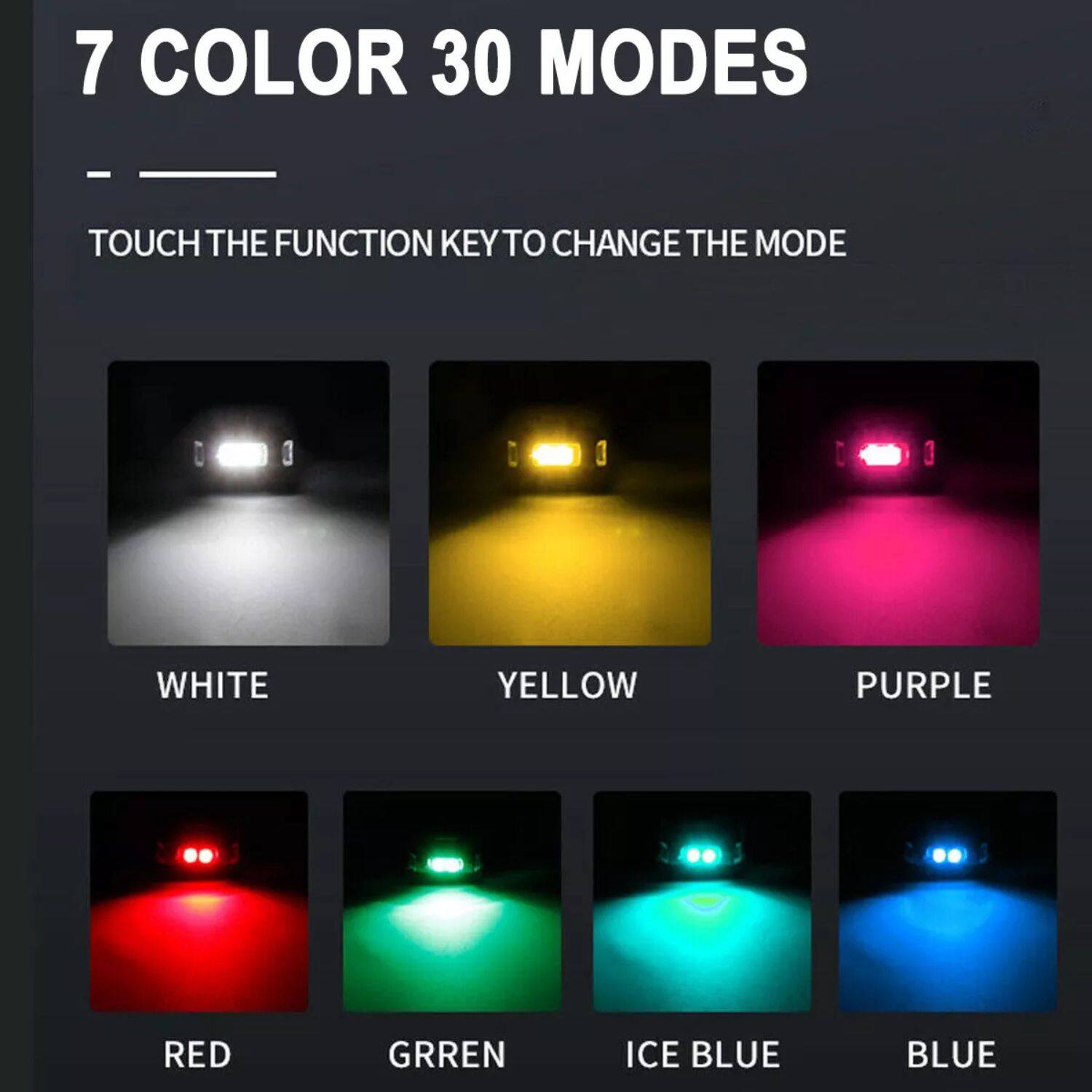 7 COLOR 30 MODES

---

TOUCH THE FUNCTION KEY TO CHANGE THE MODE

WHITE YELLOW PURPLE RED GREEN ICE BLUE BLUE