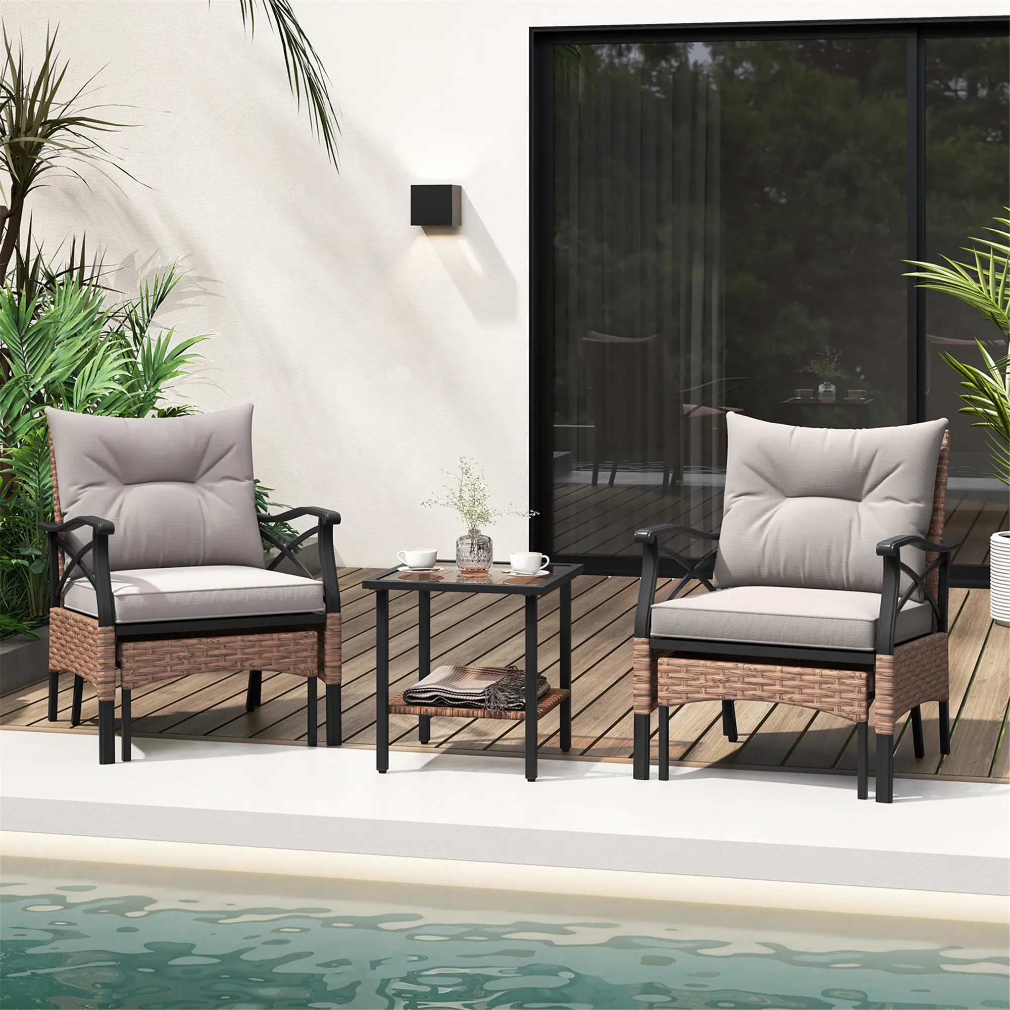 Alt View 3. Gymax - Gymax 5PCS Wicker Patio Furniture Set Rattan Chairs w/ 2-Tier Tempered Glass Side Table - Brown.