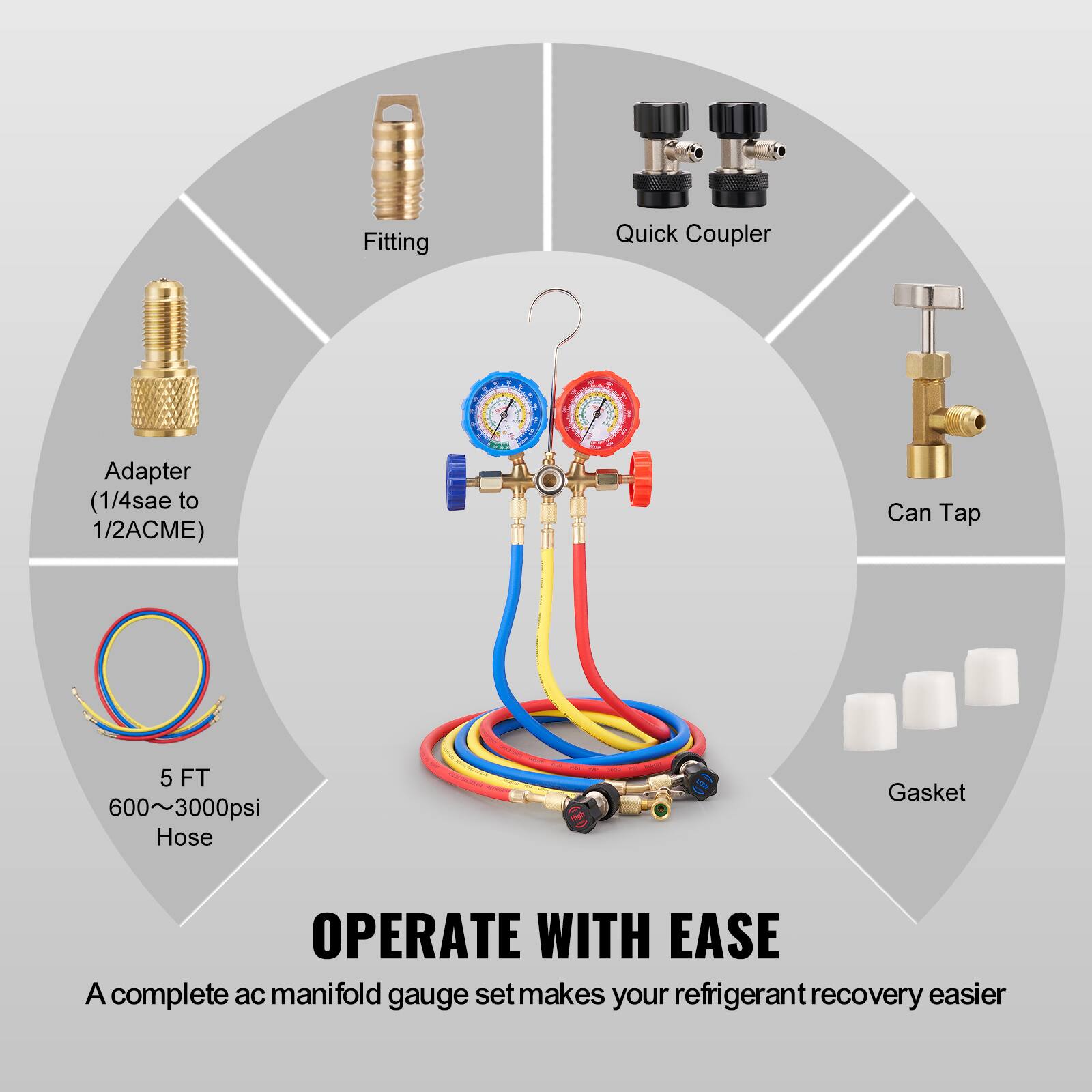 Fitting Quick Coupler Adapter (1/4sae to 1/2ACME) Can Tap 5 FT 600~3000psi Hose Gasket

OPERATE WITH EASE

A complete ac manifold gauge set makes your refrigerant recovery easier