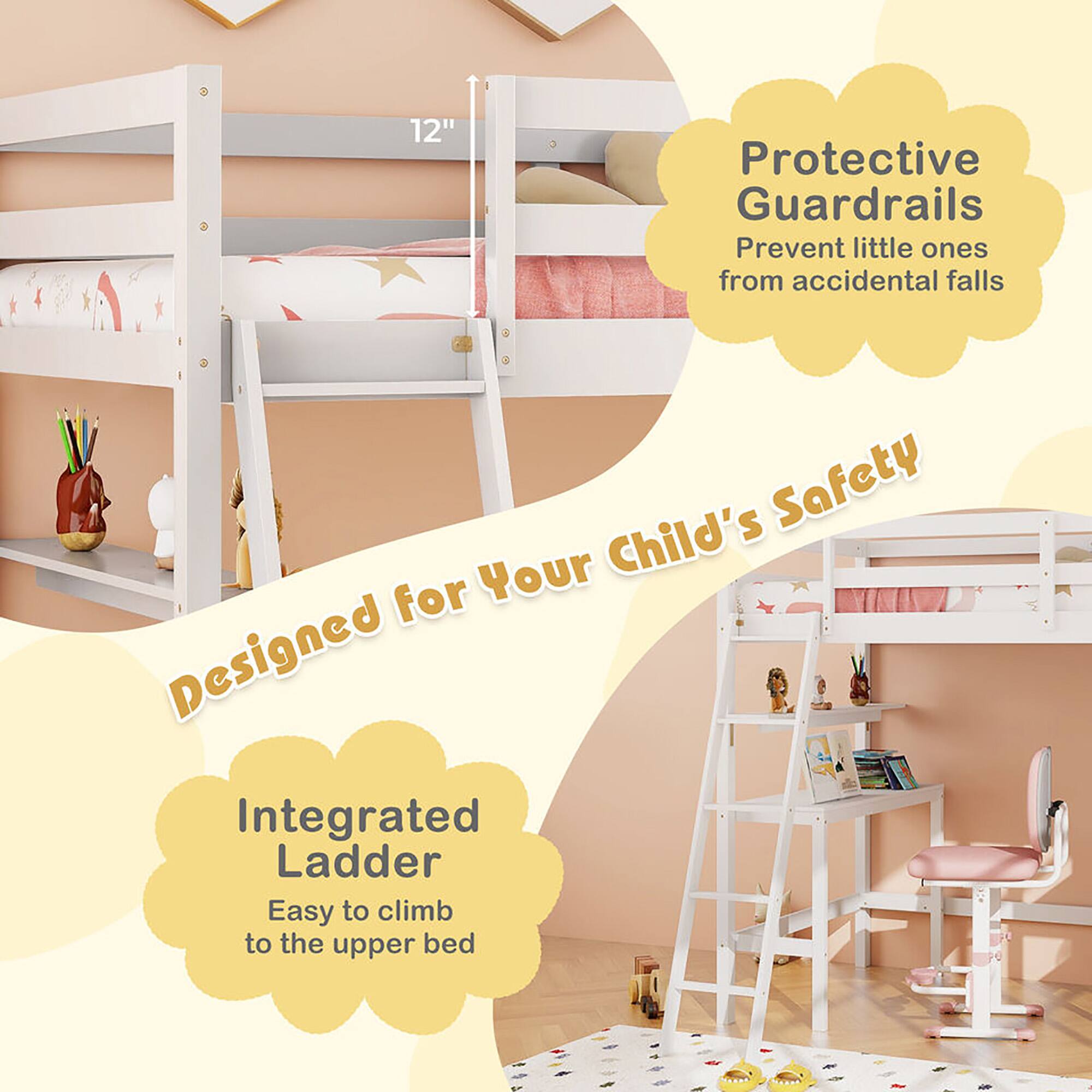 12" Protective Guardrails Prevent little ones from accidental falls, Designed for Your Child's Safety, Integrated Ladder, Easy to climb to the upper bed.