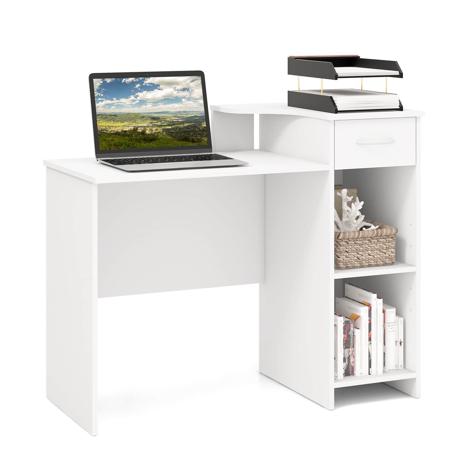 Costway - 40.5"Computer Desk with Printer Shelf Modern PC Workstation with Storage Drawer and CPU Stand - White