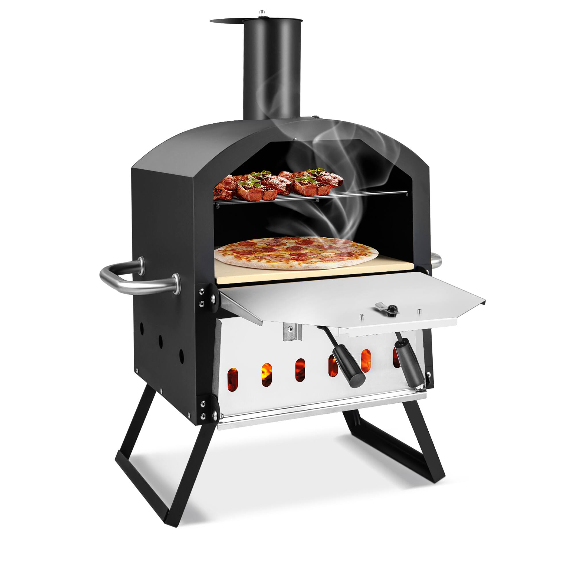 Alt View 9. Costway - Costway Picnic Outdoor Pizza Oven, Wood Fire Stone with Peel, Waterproof Cover, Fold-up Legs - Black.