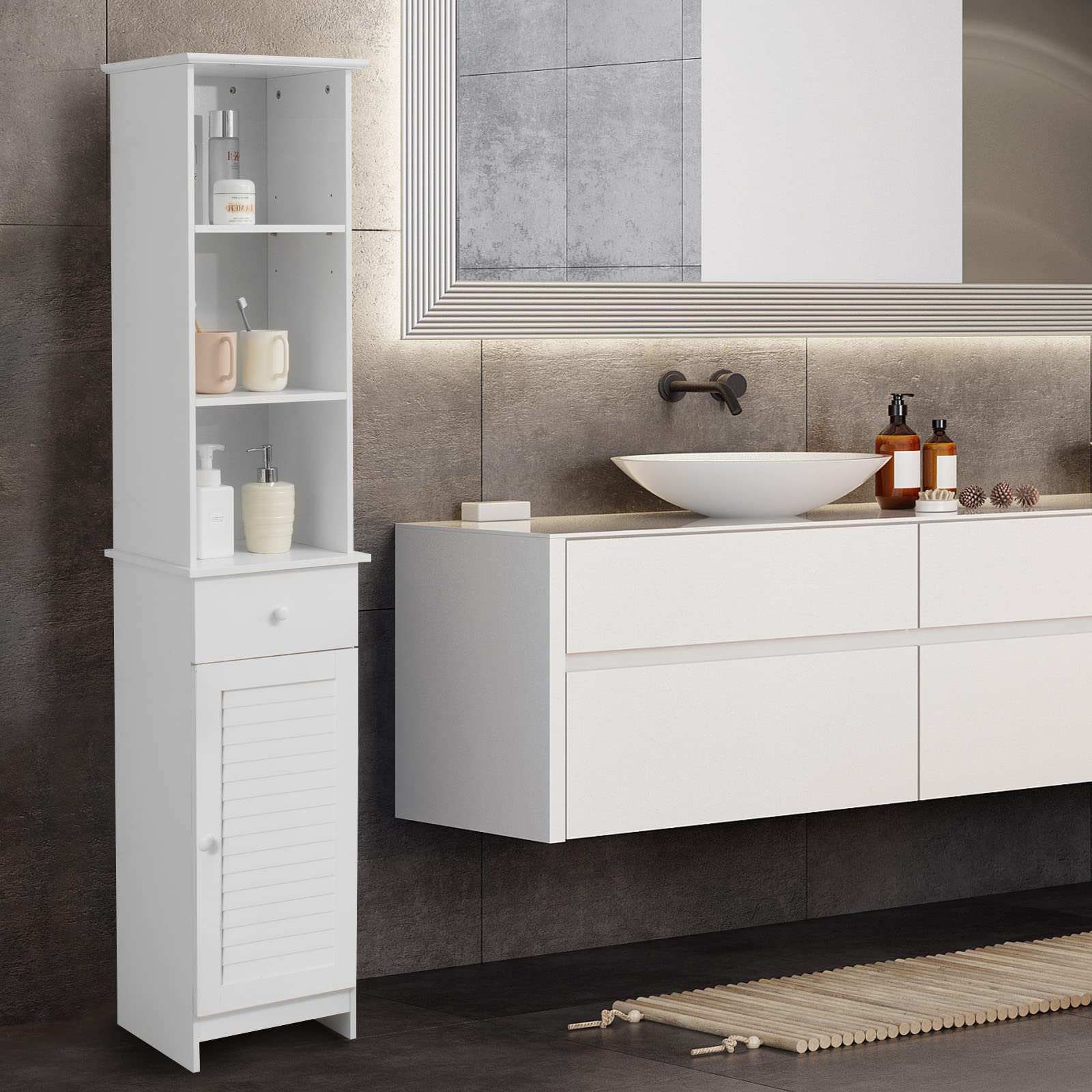 Alt View 7. Ecooso - Bathroom Tall Freestanding Storage Cabinet with Open Shelves and Drawer - White.
