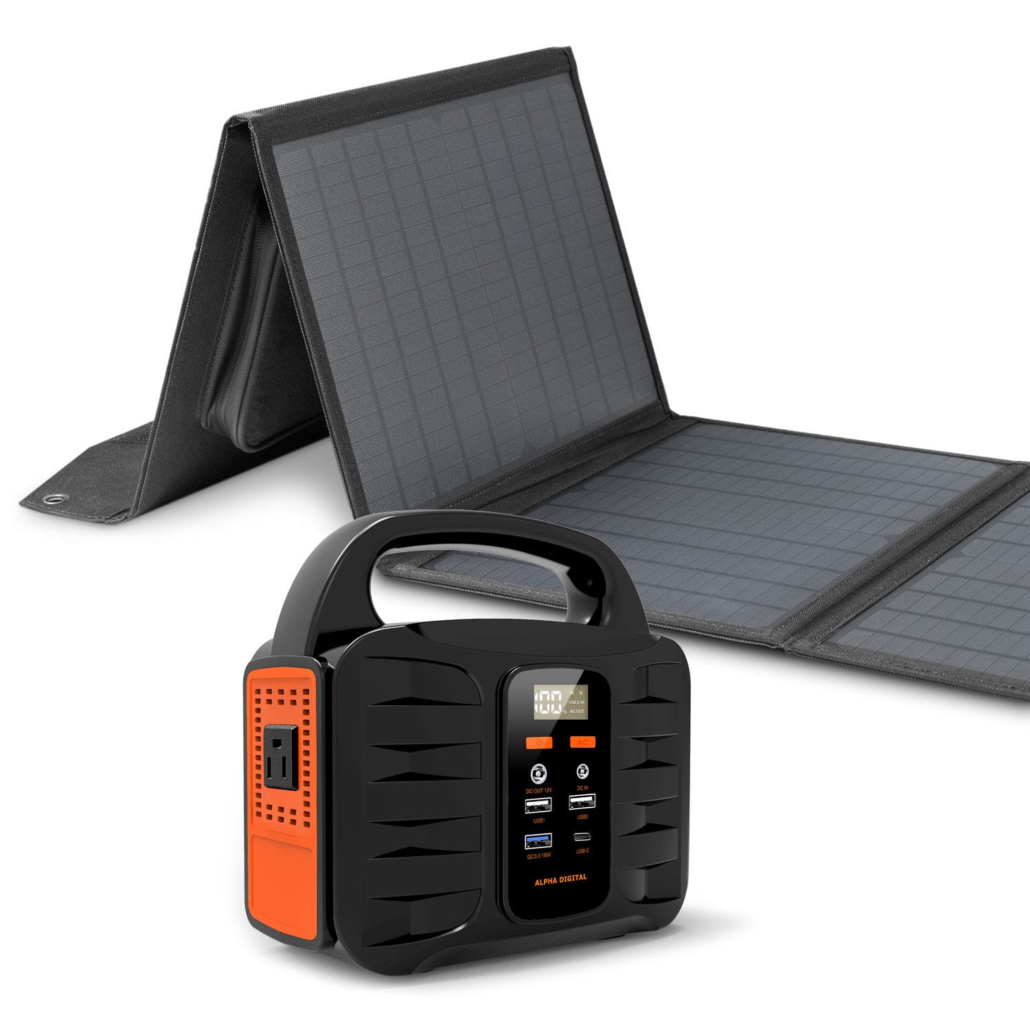 Alpha Digital - Portable Power Station: 100W, 155Wh/42000mAh & 40W Solar Panel - Combo (155 Wh Capacity) - Black / Orange