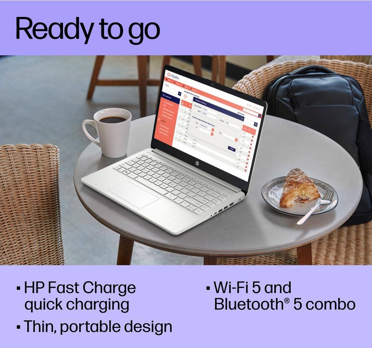 Ready to go

- HP Fast Charge quick charging
- Thin, portable design
- Wi-Fi 5 and Bluetooth 5 combo