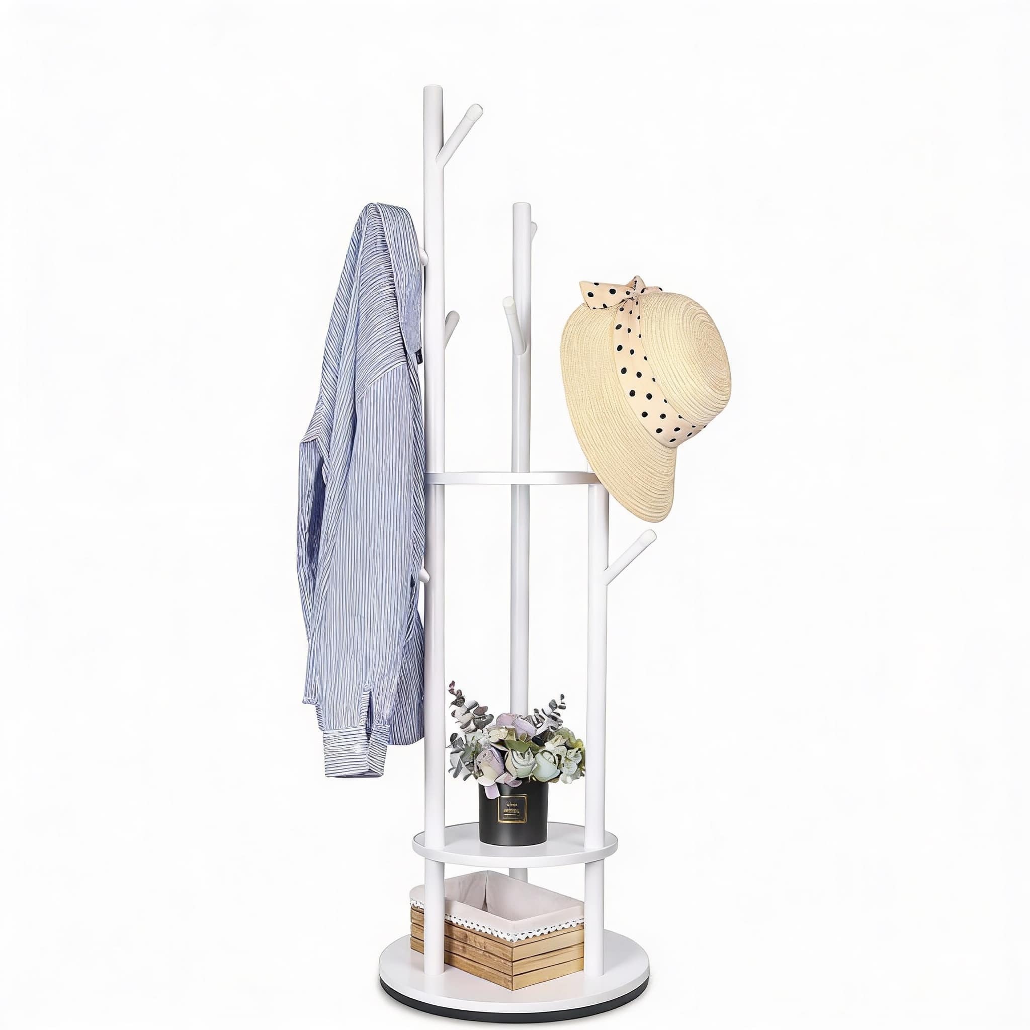 Frangdom - Solid Wood 360° Swivel Coat Rack 3 Shelves 9 Hooks Freestanding - White 16"D x 16"W x 66"H