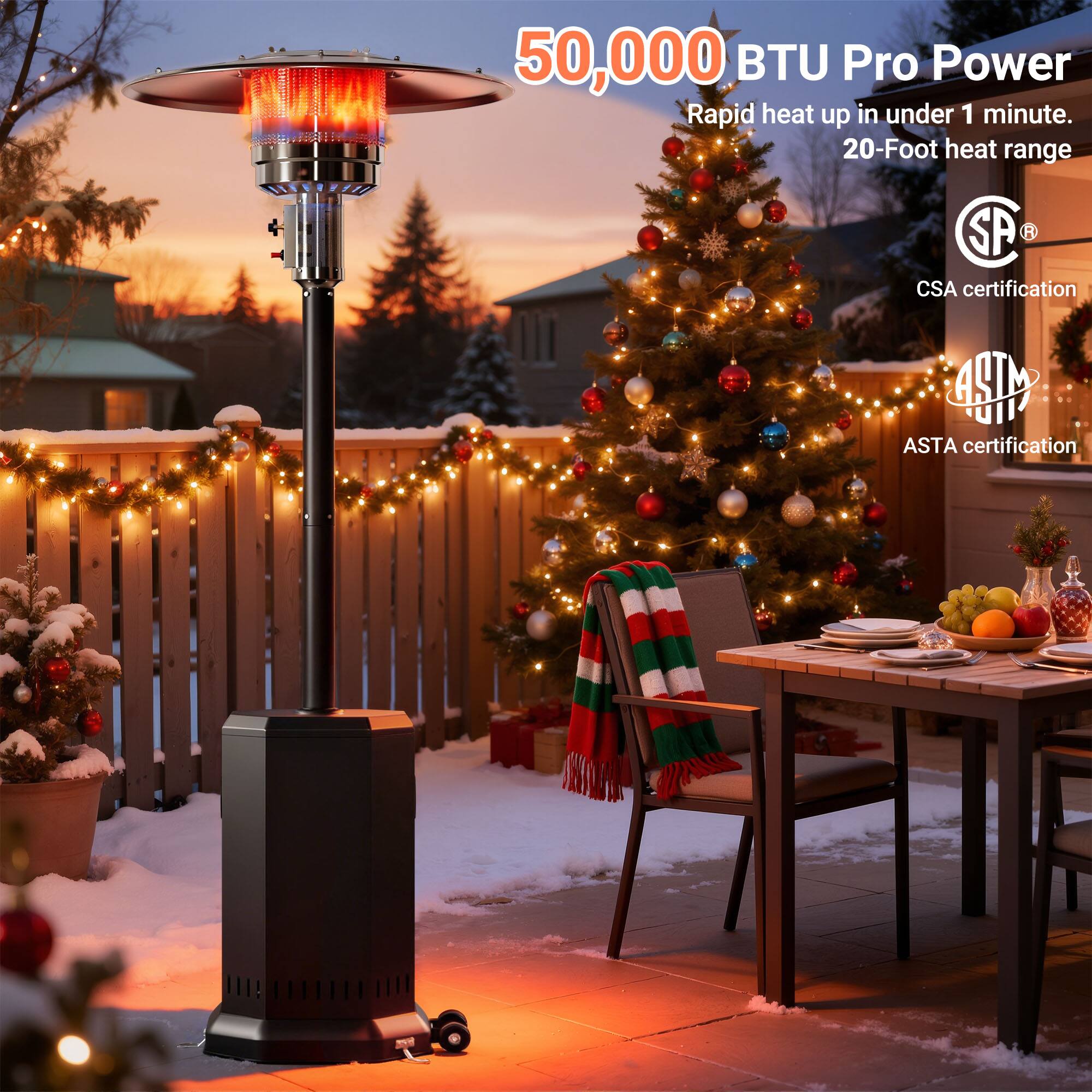 50,000 BTU Pro Power  
Rapid heat up in under 1 minute.  
20-Foot heat range  

SP  
CSA certification  

ASTM  
ASTA certification