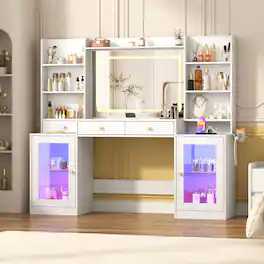 Espafurni - 62" Vanity Desk with Mirror, LED Lights, 8 Drawers, Glass Cabinets & Charging Station - White