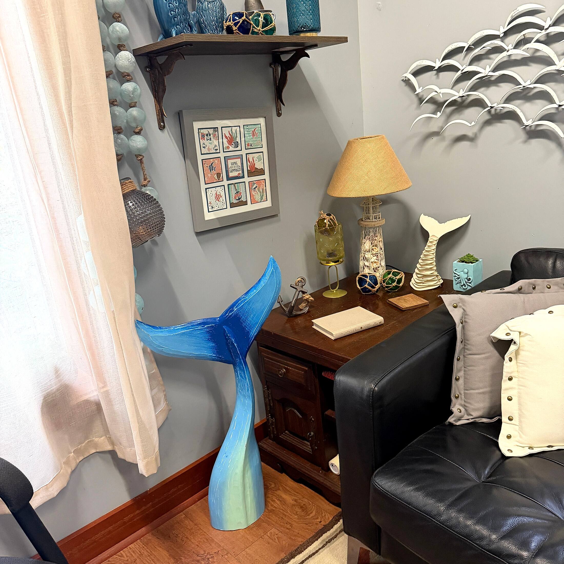 Alt View 5. Things2Die4 - Things2die4 Blue Wood Whale Tail Statue 33 Inch Height Coastal Floor Sculpture - Blue.
