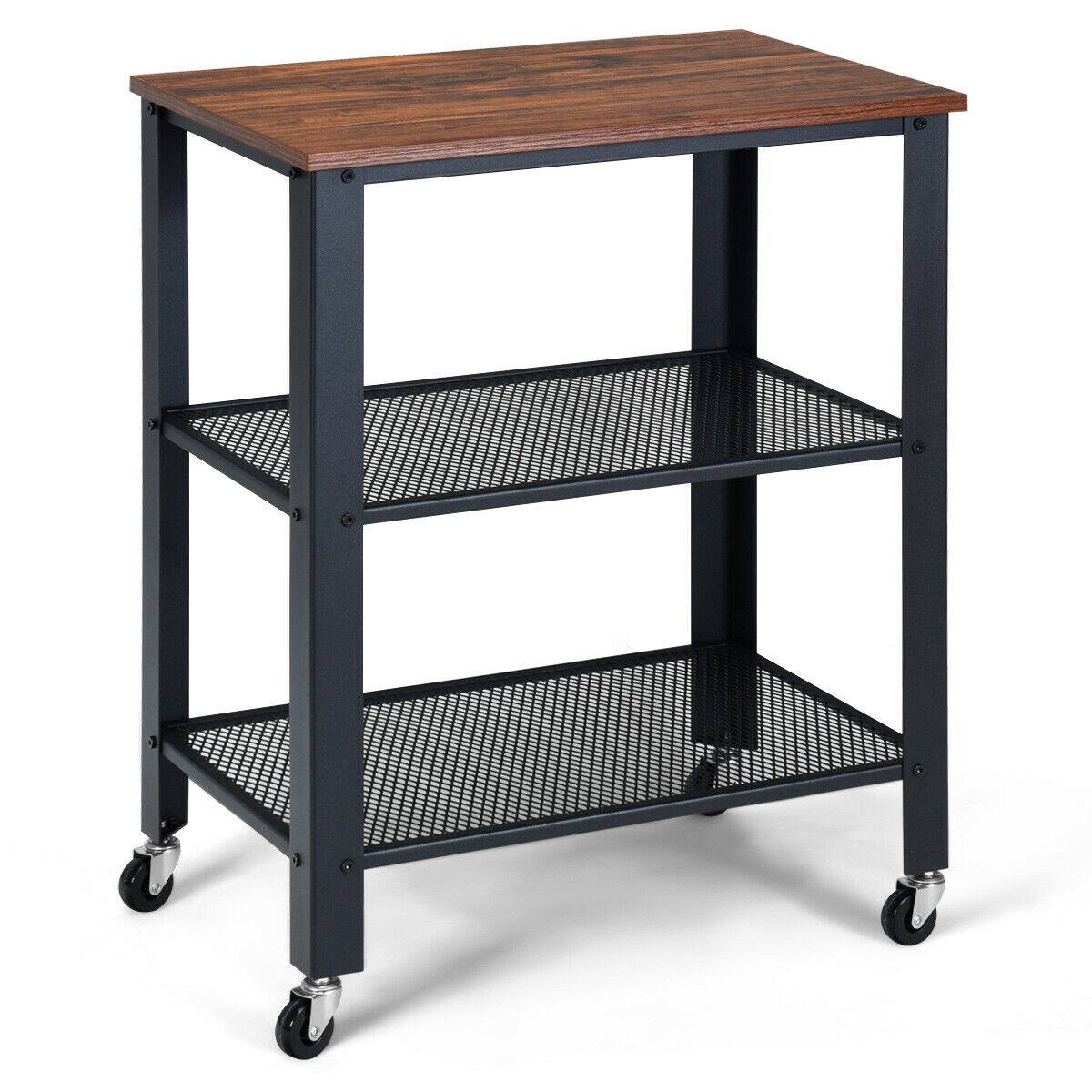 Alt View 9. Gymax - Gymax 3-Tier Industrial Serving Cart Kitchen Utility Cart on Wheels w/Storage Black - Black.