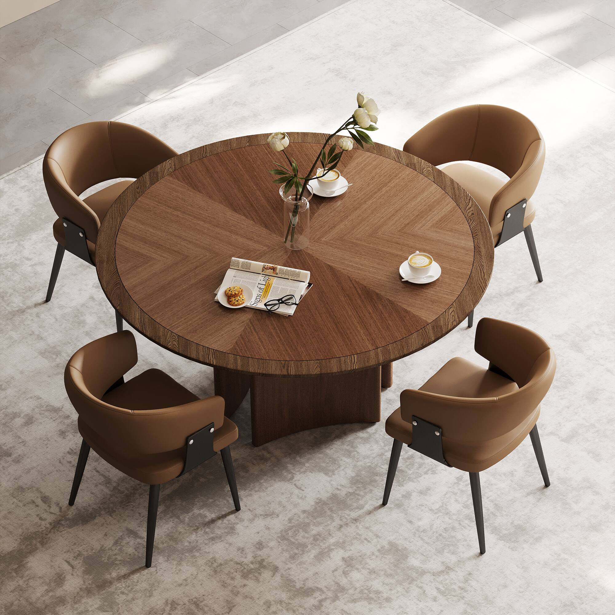 Alt View 2. luck idea - 59.05" Round Dining Table with Geometric Mosaic Tabletop and Half-Moon Base - Walnut color.