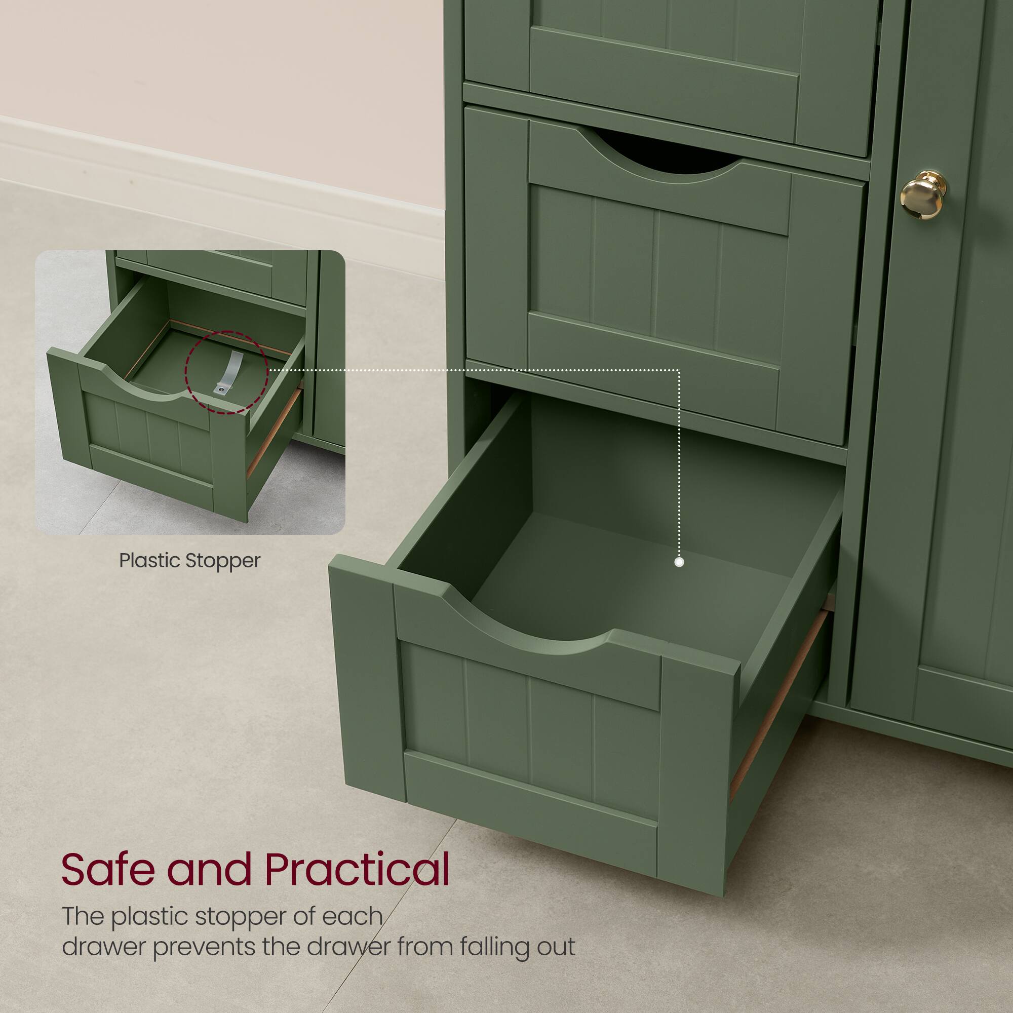 Plastic Stopper Safe and Practical

The plastic stopper of each drawer prevents the drawer from falling out