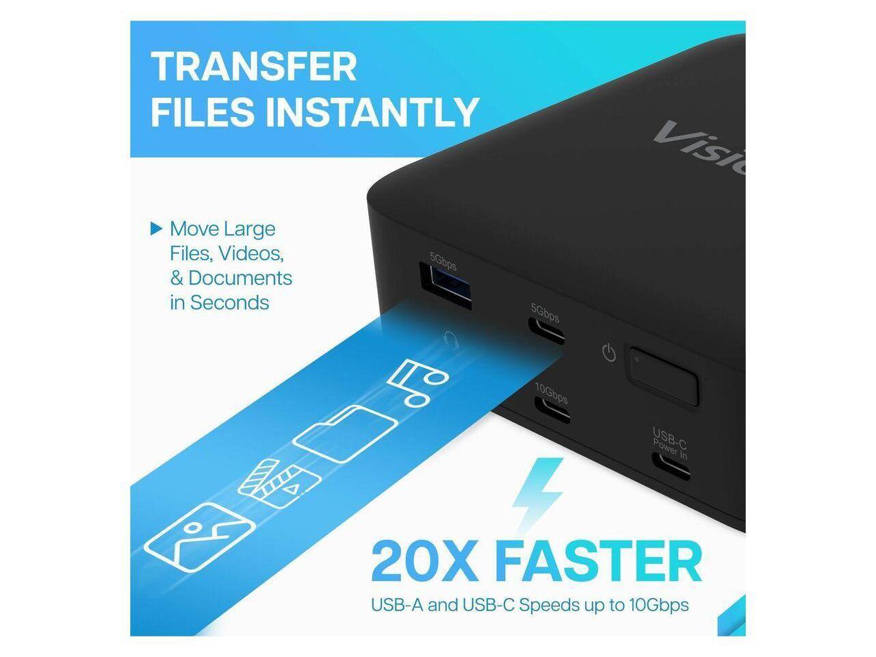 TRANSFER FILES INSTANTLY

Move Large Files, Videos, & Documents in Seconds

20X FASTER
USB-A and USB-C Speeds up to 10Gbps