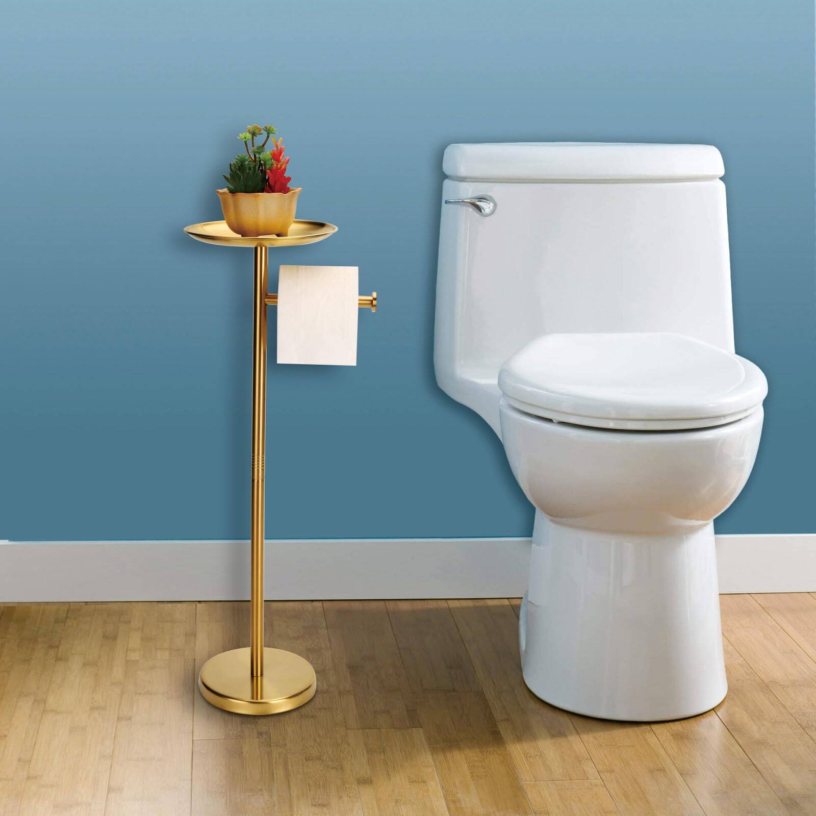 Back. Dazzed Corner - Toilet Paper Holder Stand Gold with Shelf on Top, Sturdy TP Roll Holder Floor Standing - Gold.