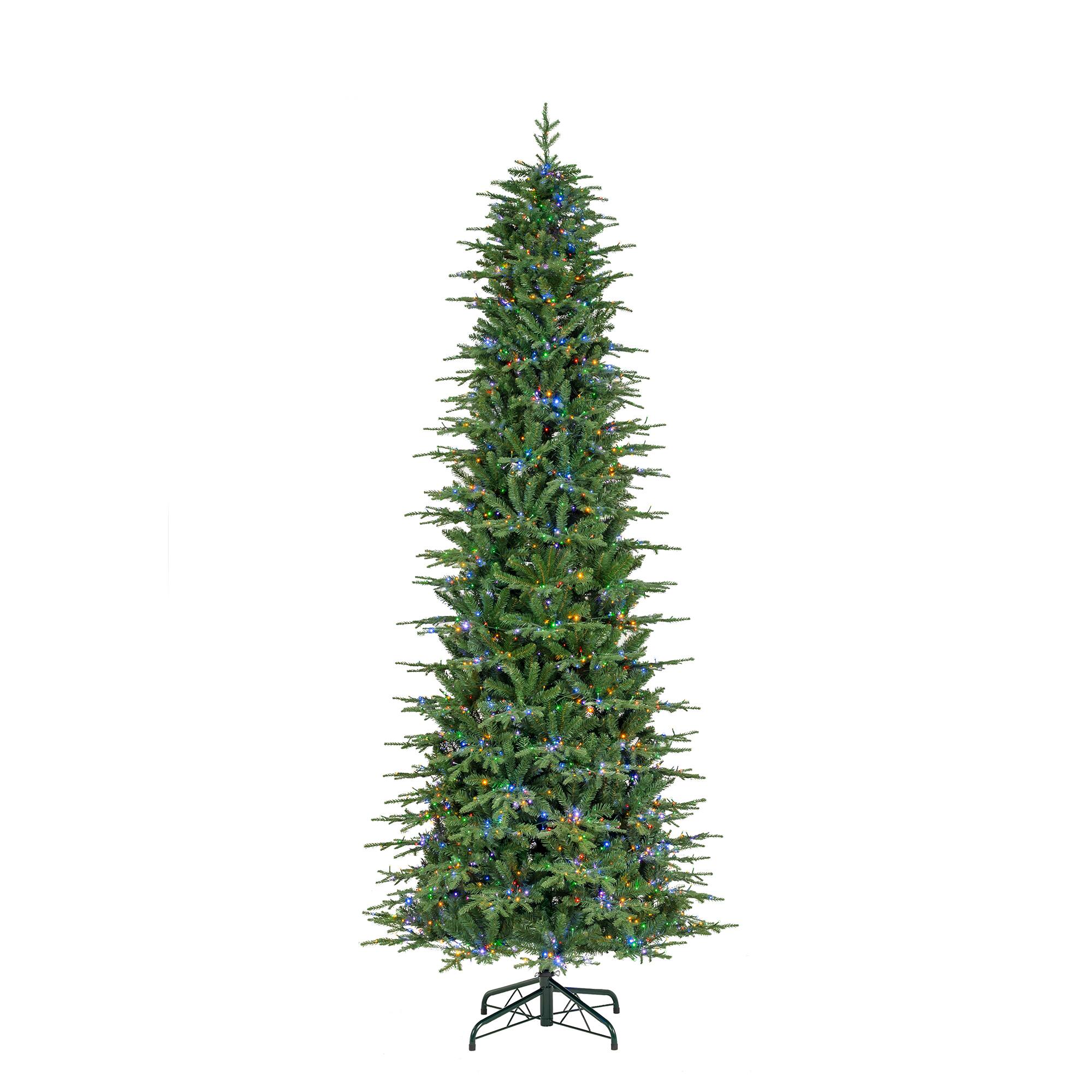 Angle. Glitzhome - 11ft Pre-Lit Slim Fir Artificial Christmas Tree with 2700 Chasing and Twinkling Lights - Green.