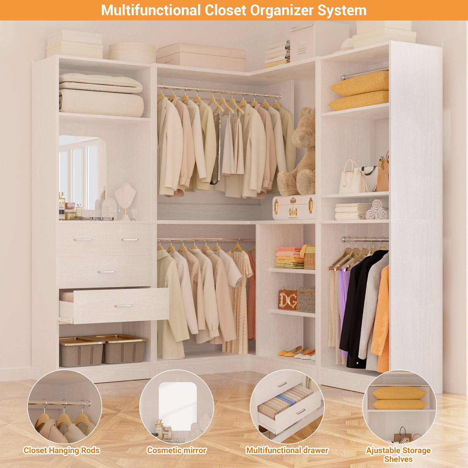 Multifunctional Closet Organizer System  
DG Closet Hanging Rods Cosmetic mirror Multifunctional drawer Adjustable Storage Shelves