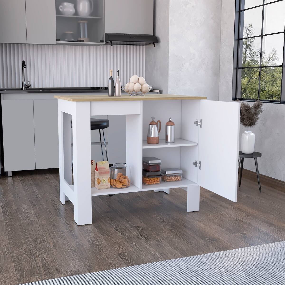 Alt View 1. Loheer - Loheer White Kitchen Island with Single Door Cabinet and Macadamia Finish Top - White.