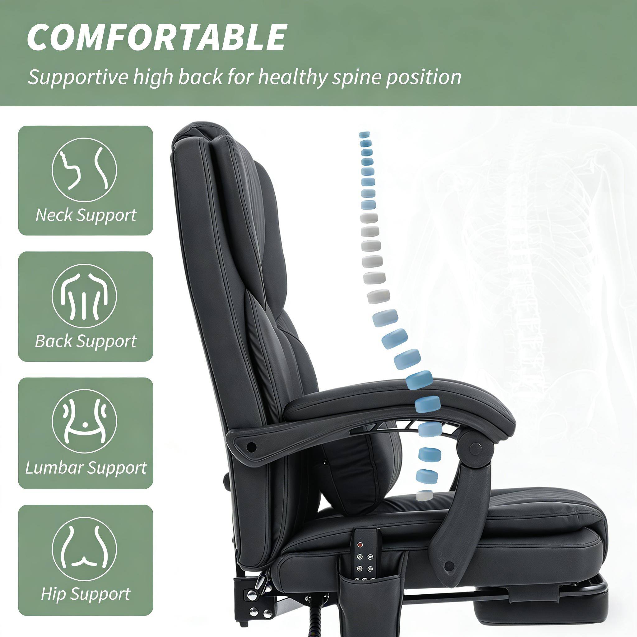 COMFORTABLE  
Supportive high back for healthy spine position  

- Neck Support  
- Back Support  
- Lumbar Support  
- Hip Support
