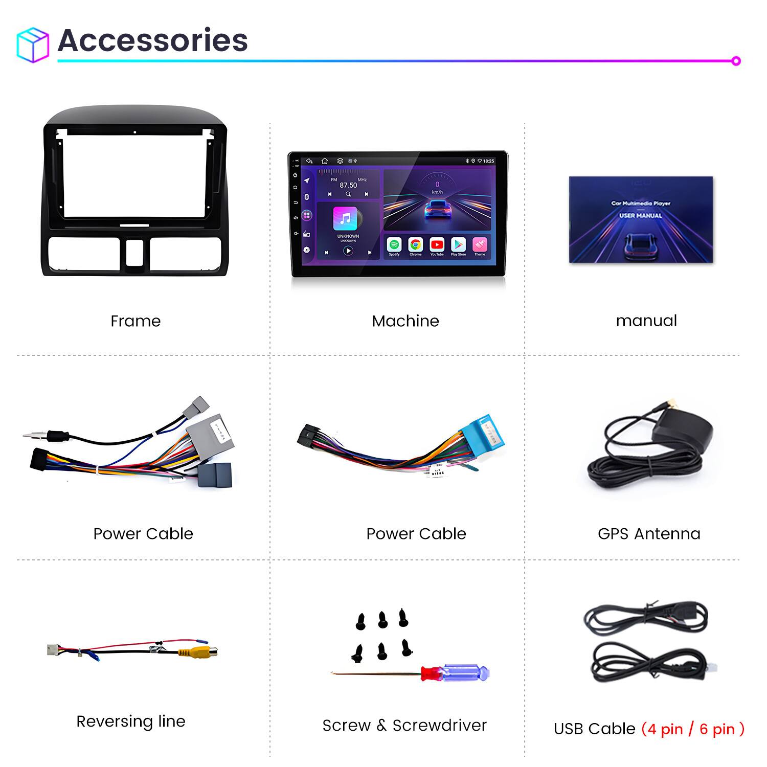 Accessories

- Frame
- Machine
- Manual
- Power Cable
- Power Cable
- GPS Antenna
- Reversing Line
- Screw & Screwdriver
- USB Cable (4 pin / 6 pin)