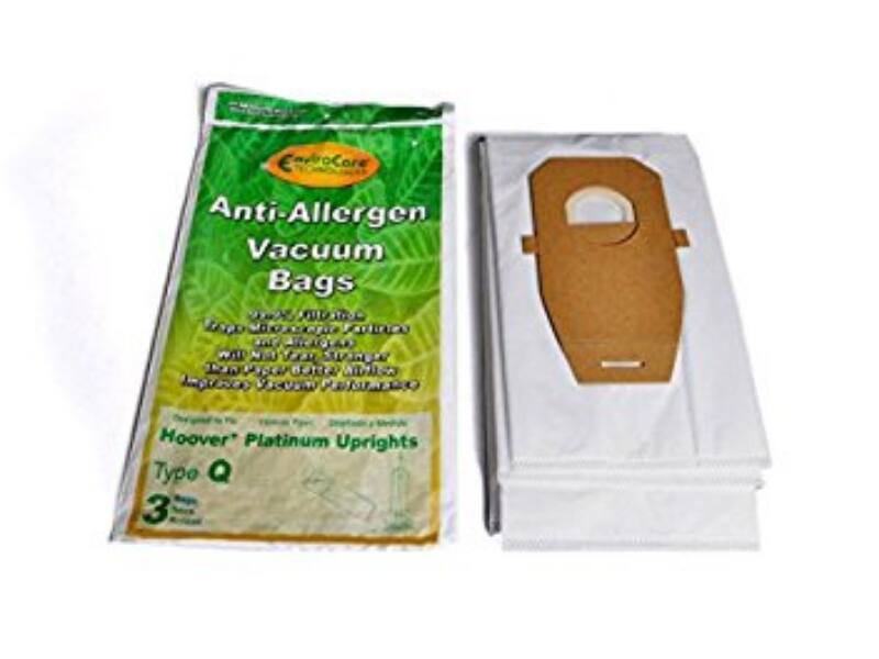 EuroCare Anti-Allergen Vacuum Bags  
Designed for Hoover Platinum Uprights  
Type Q  
3 Bags  

Features:  
- Keeps dust, dirt, and allergens inside the bag  
- Stronger than paper bags  
- Improves vacuum performance  

Bert the Sierree FattiFies WidlSA 0 Inptisos VICUTA PEISTAT Hoover Platinum Uprights Type Q 3