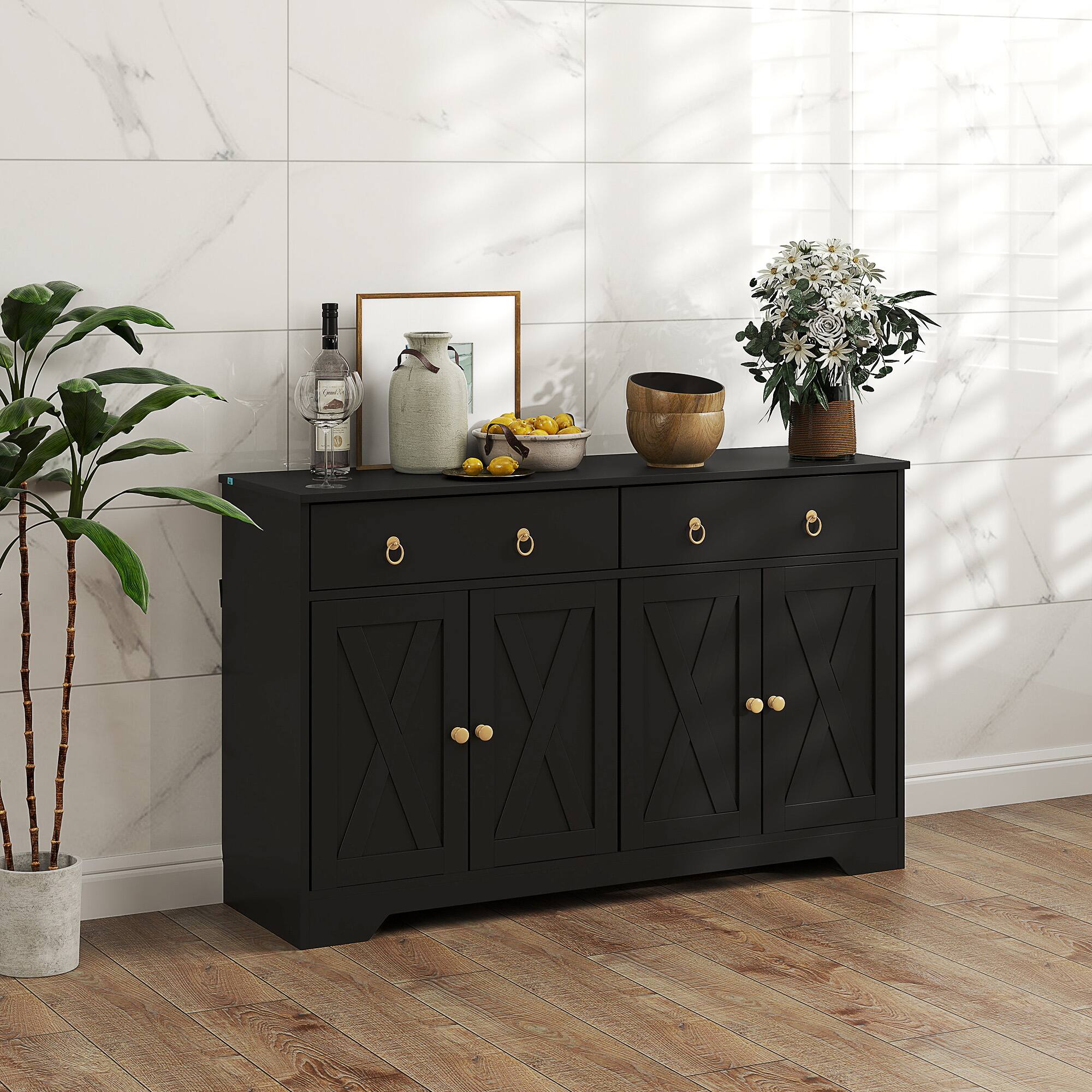 Alt View 1. Homcom - Storage Sideboard, Farmhouse Buffet Cabinet with Barn Style Doors, Drawers - Black.