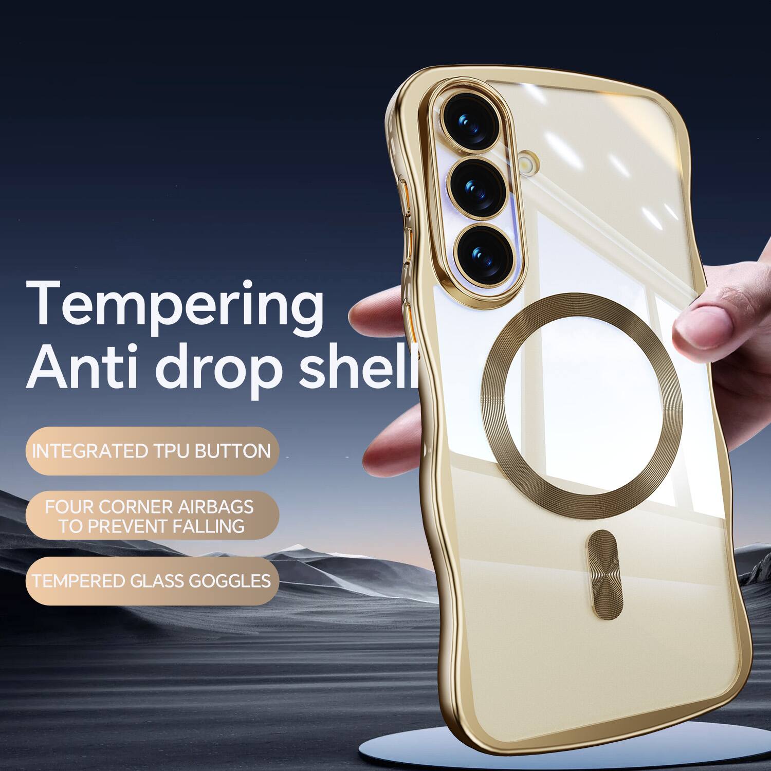 Tempering Anti drop shell  
INTEGRATED TPU BUTTON  
FOUR CORNER AIRBAGS TO PREVENT FALLING  
TEMPERED GLASS GOGGLES