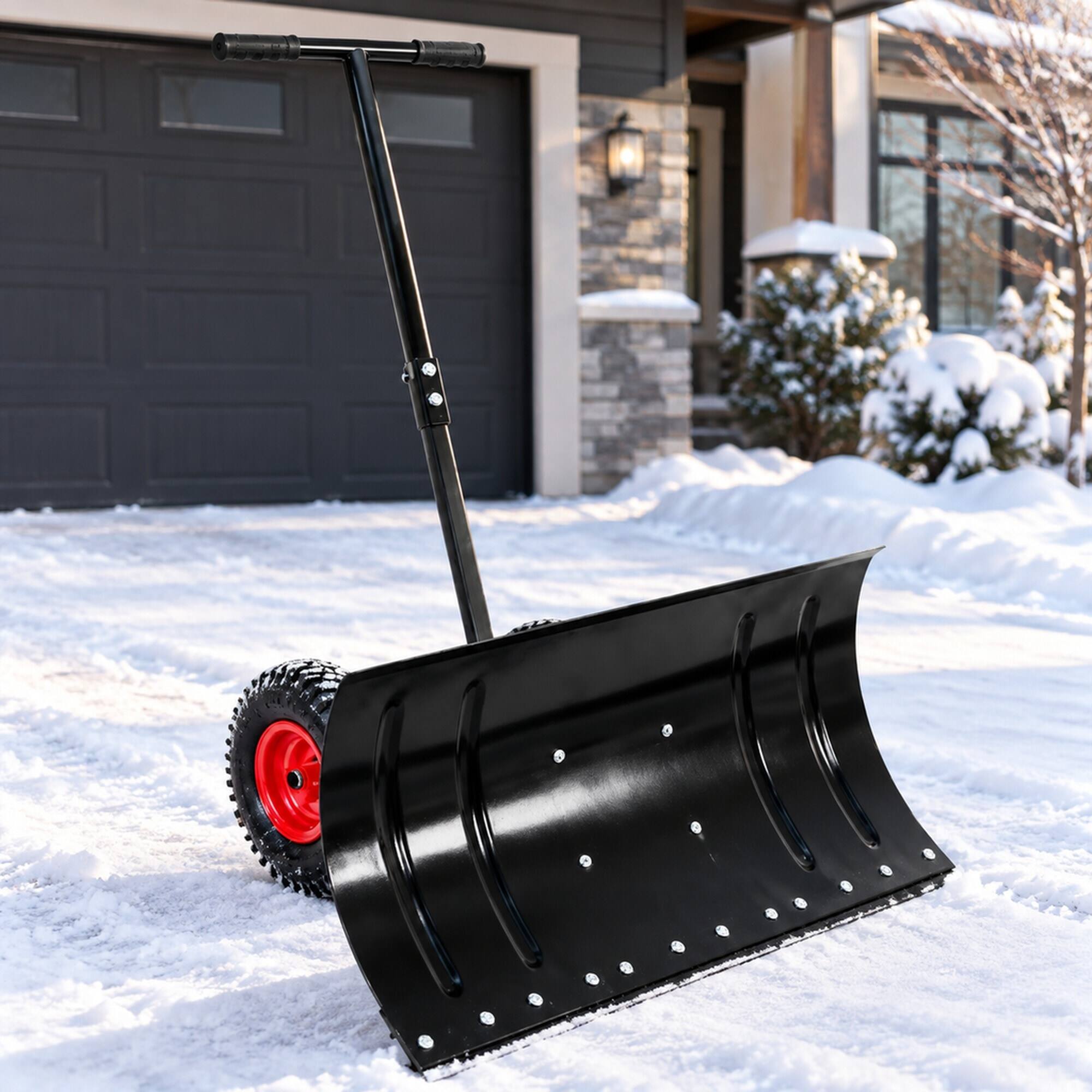 Angle. RYHNUYNE - 30 in Wheeled Snow Pusher, Metal Blade, Adjustable Handle, 10 in Rubber Wheels, Black - Black.