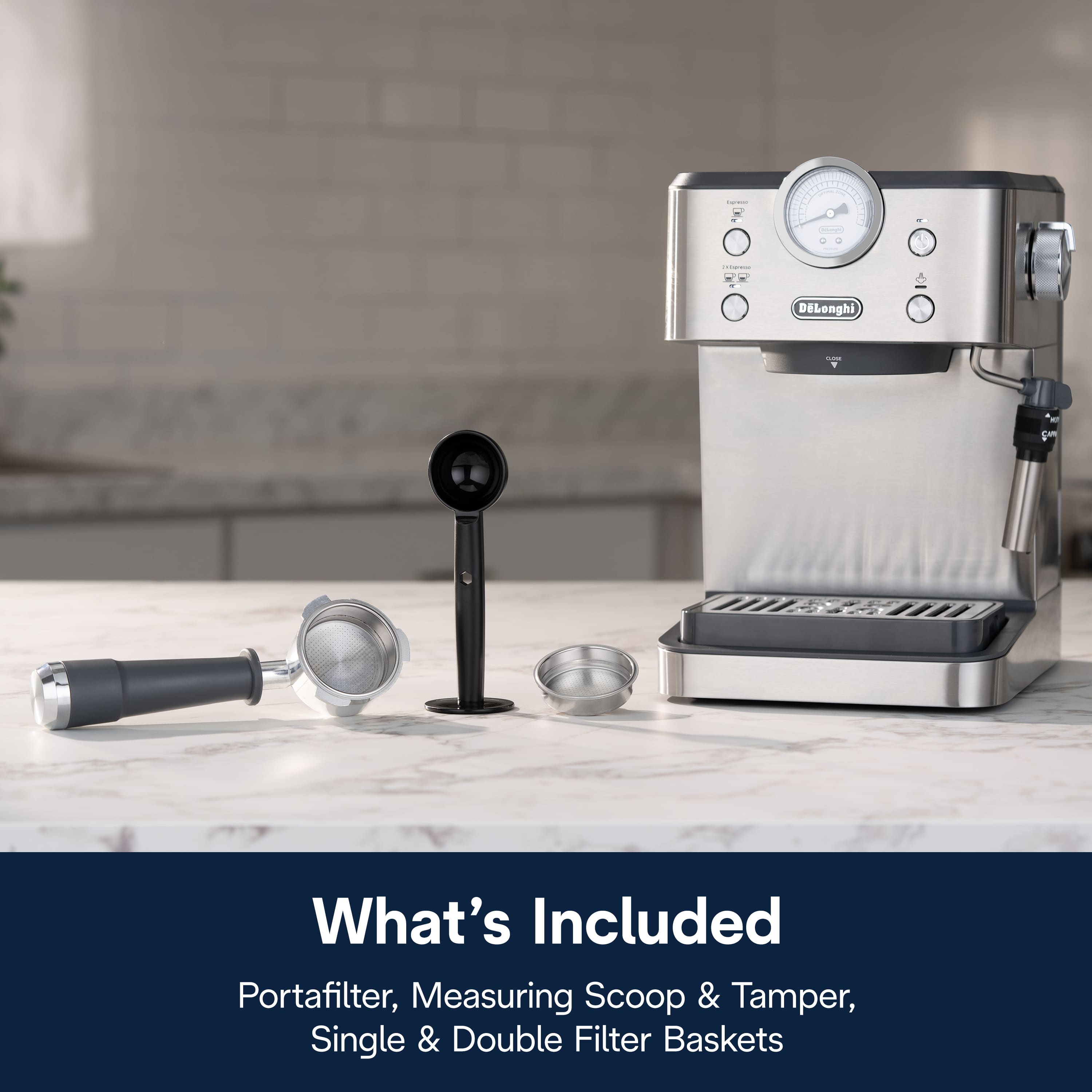 What's Included: Portafilter, Measuring Scoop & Tamper, Single & Double Filter Baskets