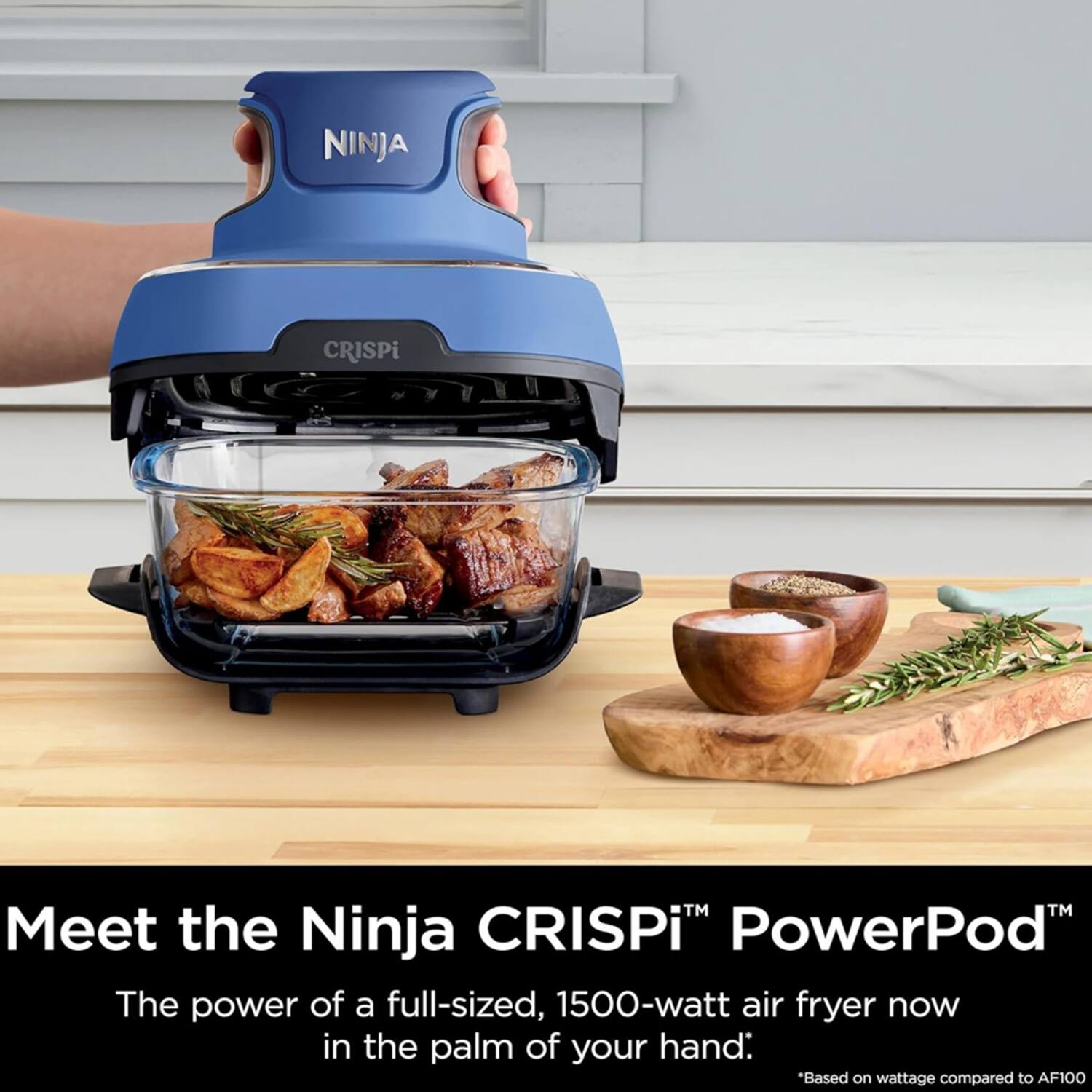NINJA CRISPi™ Meet the Ninja CRISPi PowerPod™

The power of a full-sized, 1500-watt air fryer now in the palm of your hand:  
*Based on wattage compared to AF100