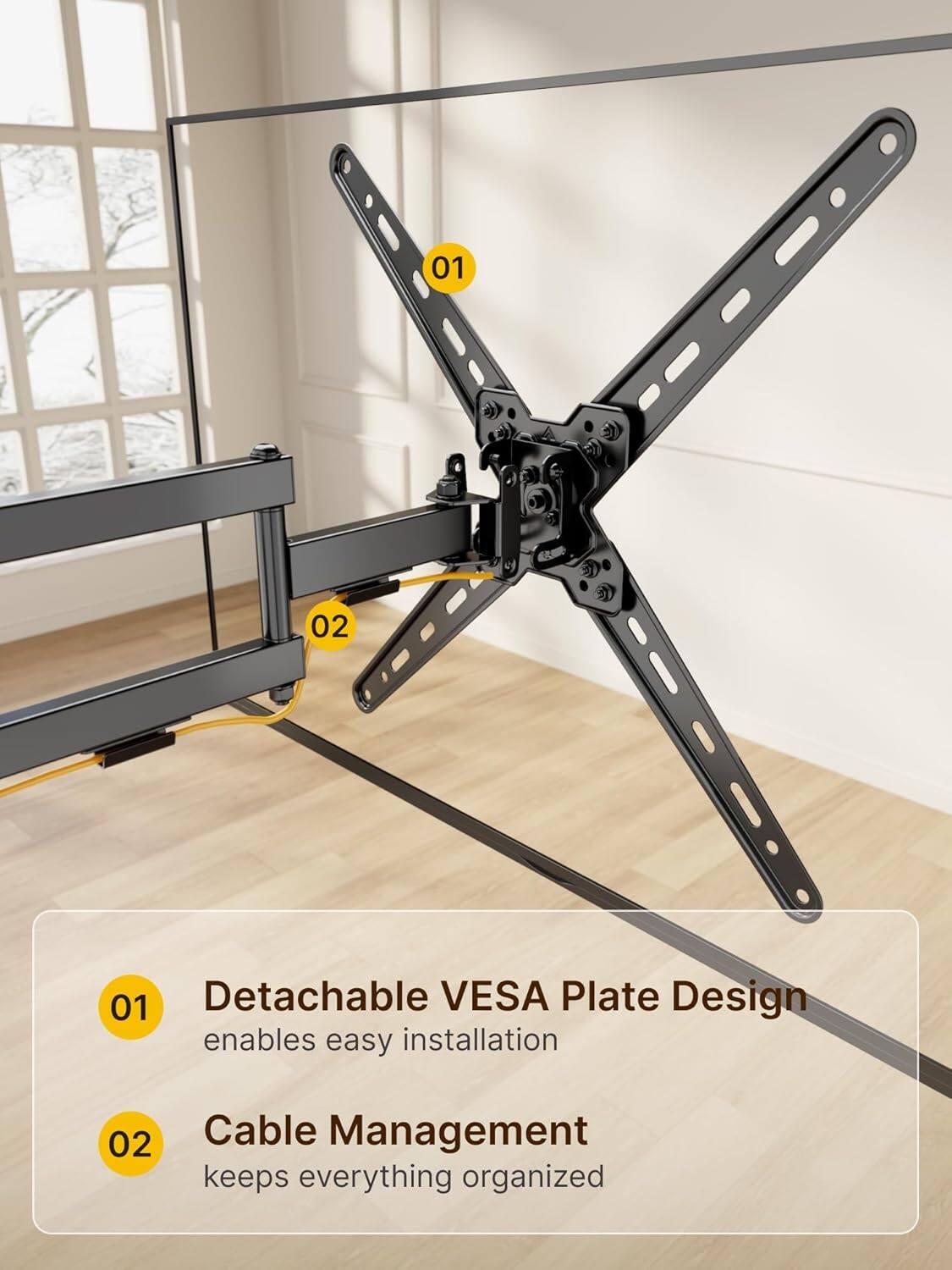 01 Detachable VESA Plate Design enables easy installation  
02 Cable Management keeps everything organized